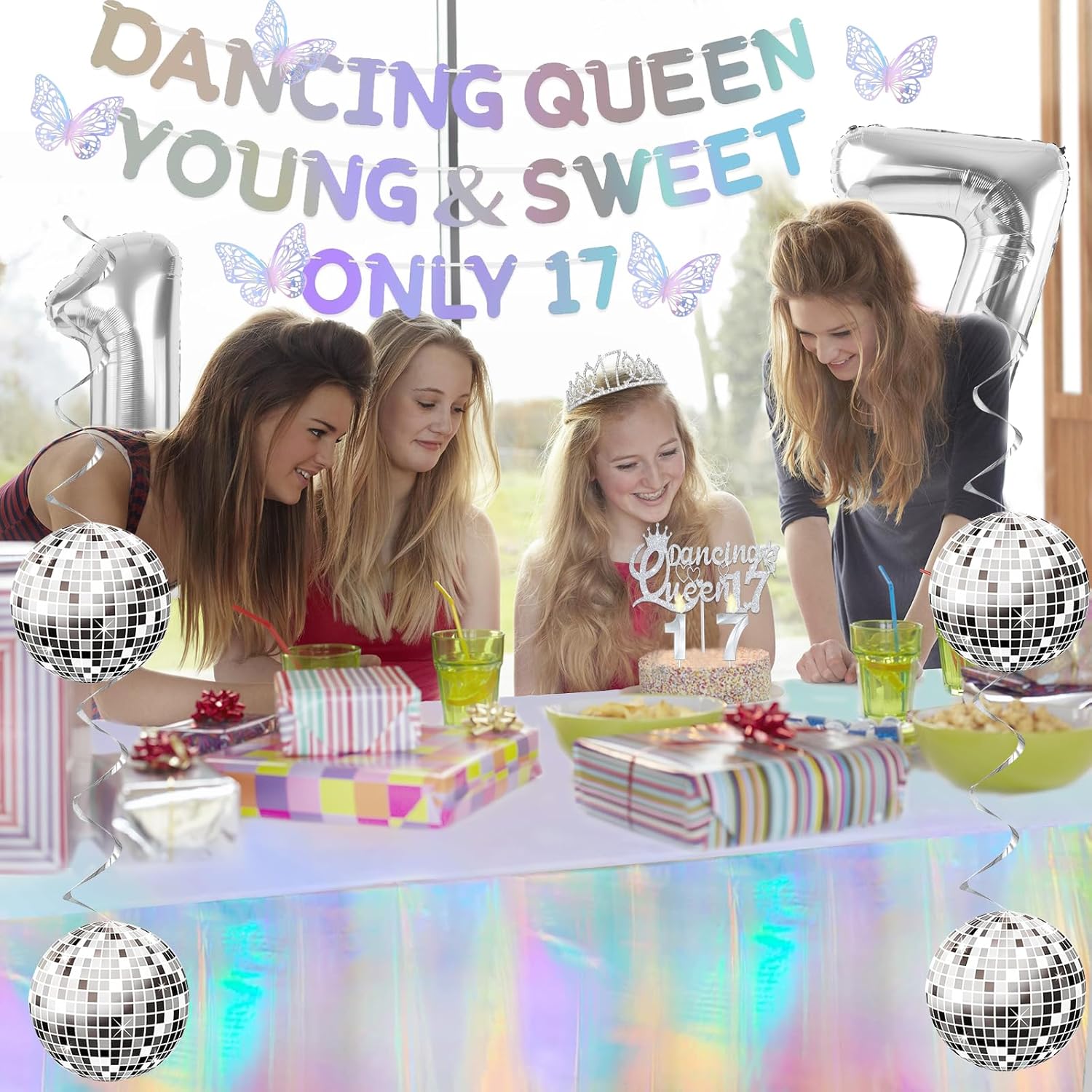 34pcs Dancing Queen Party Decorations 17,Dancing Queen Banner,Silver 17th Birthday Tiara and Sash,Balloons,Disco Hanging Swirls,Butterfly,Candles and Cake Topper,Tablecloth for 17 Birthday - Image 5