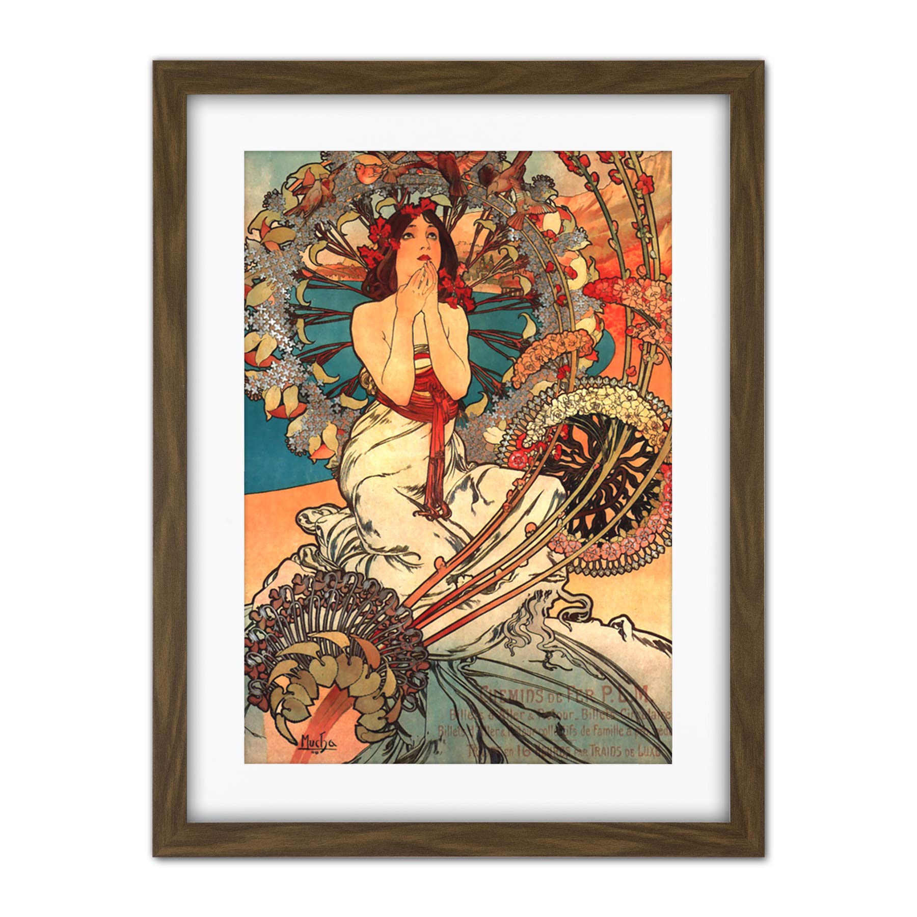 Wee Blue Coo Mucha Art Nouveau Woman Floral Artwork Framed Wall Art Print 18X24 Inch