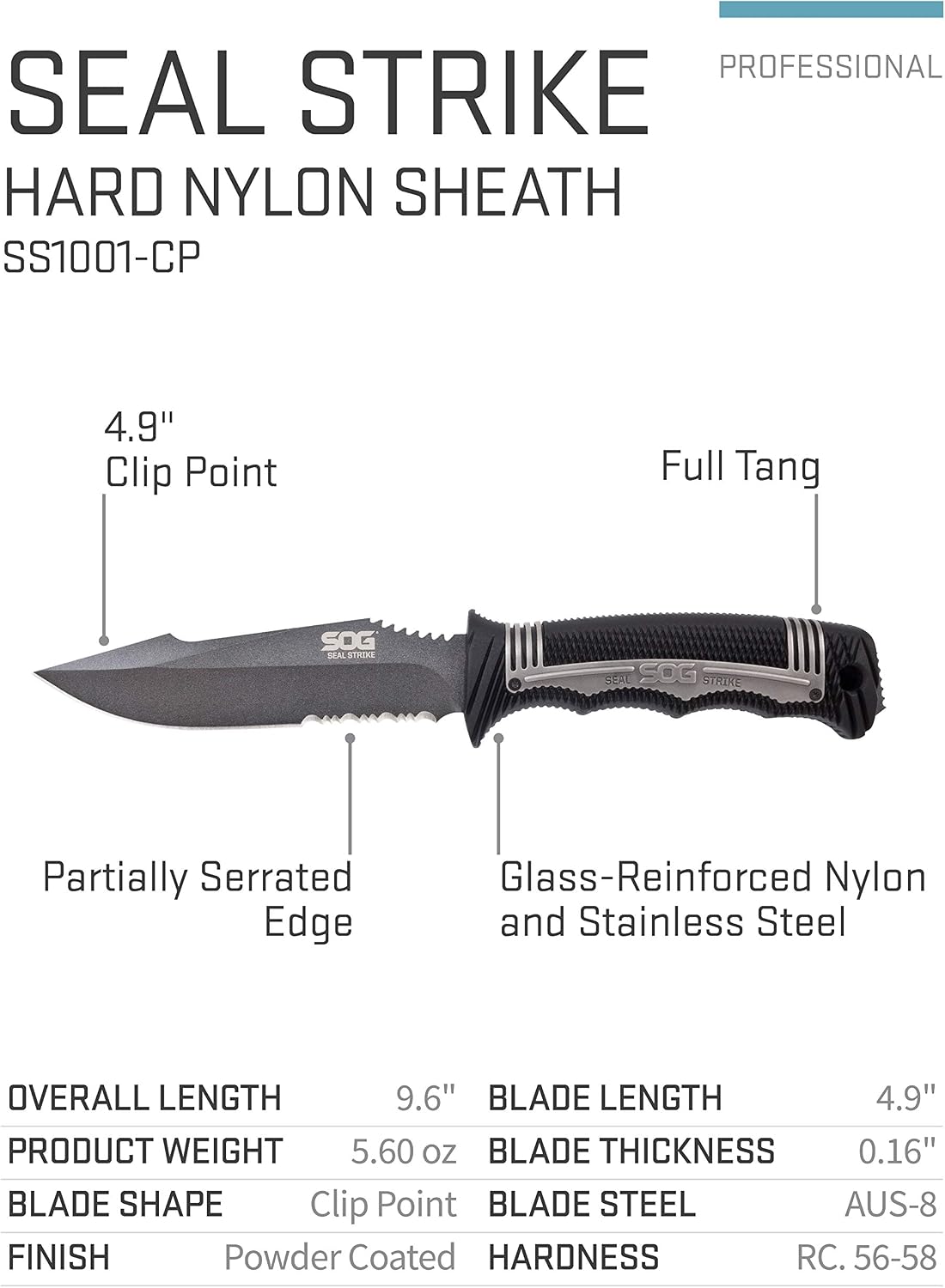 SOG Seal Strike Fixed Blade Knife with Sheath- Tactical and Hunting Knife w/ 4.9 Inch Partially Serrated Bowie Knife Blade and Line Cutter (SS1001-CP)