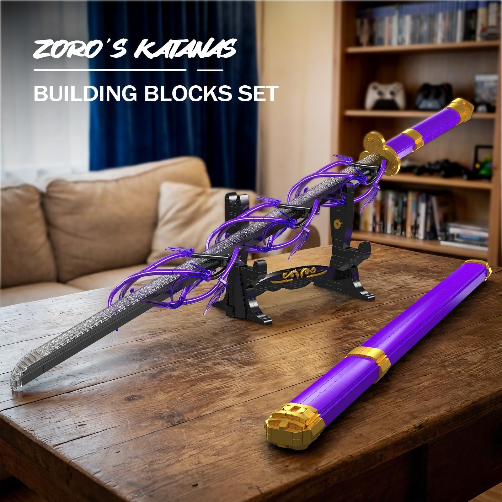 Mould King 10260 Kit modello spada samurai, set da costruzione Katana da 101,6 cm con kit di luci LED integrato e scatola batteria, set da collezione per spada giapponese da 1801 pezzi, con fodero e