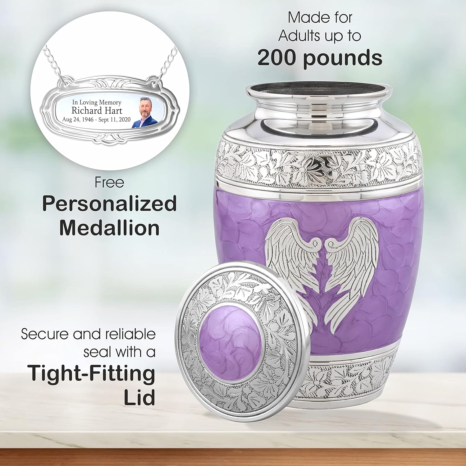 Personalized Medallion Purple Angel Wings Cremation Urns for Adult Ashes Male Female - 200lbs Burial Urns for Human Ashes - Handcrafted Funeral Decorative Urns for Ashes Adult Female with Velvet Bag