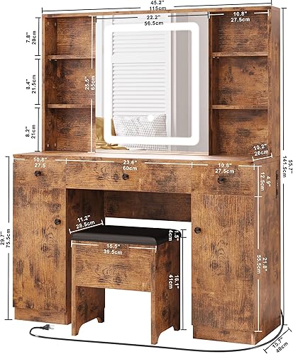 Miniatura 7 de IRONCK Juego de escritorio de tocador con espejo grande con luz LED y toma de corriente, 7 cajones, tocadores, mesa de maquillaje con banco de