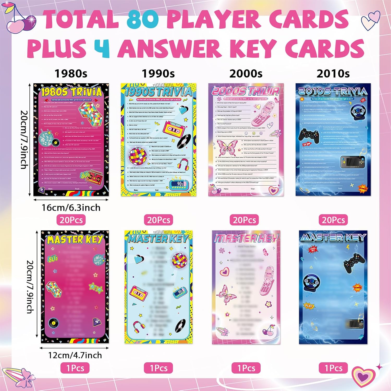 Lonfliness 84PCS Fun Trivia Game for Adults and Teens 4 Decades Question and Answer Cards for Travel Gathering Birthday Indoor Outdoor 80s 90s 00s 10s Party Activities Supplies