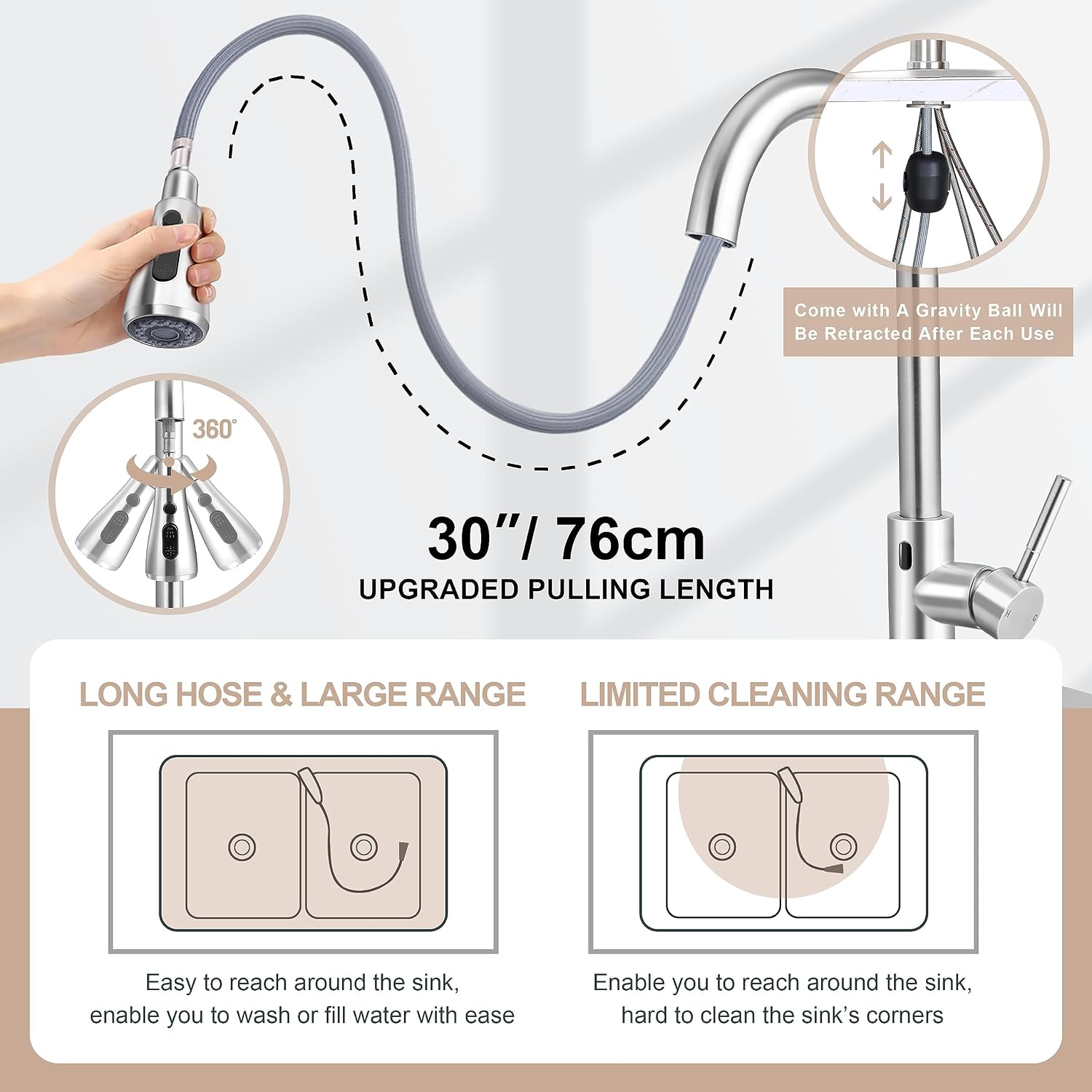 Touchless Kitchen Sink Faucet with Pull Down Sprayer, Herogo Brushed Nickel Stainless Steel Smart Activated Kitchen Faucet with Soap Dispenser, Single Handle Motion Sensor Tap for Farmhouse RV Sink