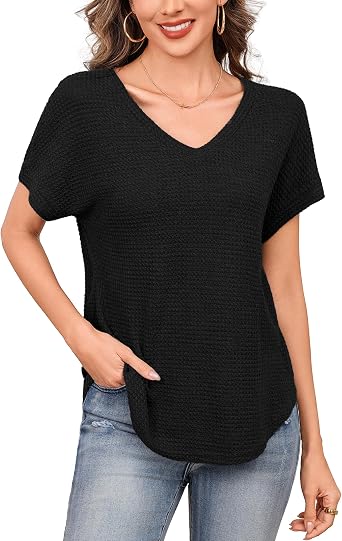 Totatuit Women V Neck Waffle T Shirts Summer Rolled Short Sleeve Shirts Loose Knit Tunic Tops Cozy Basic Blouses