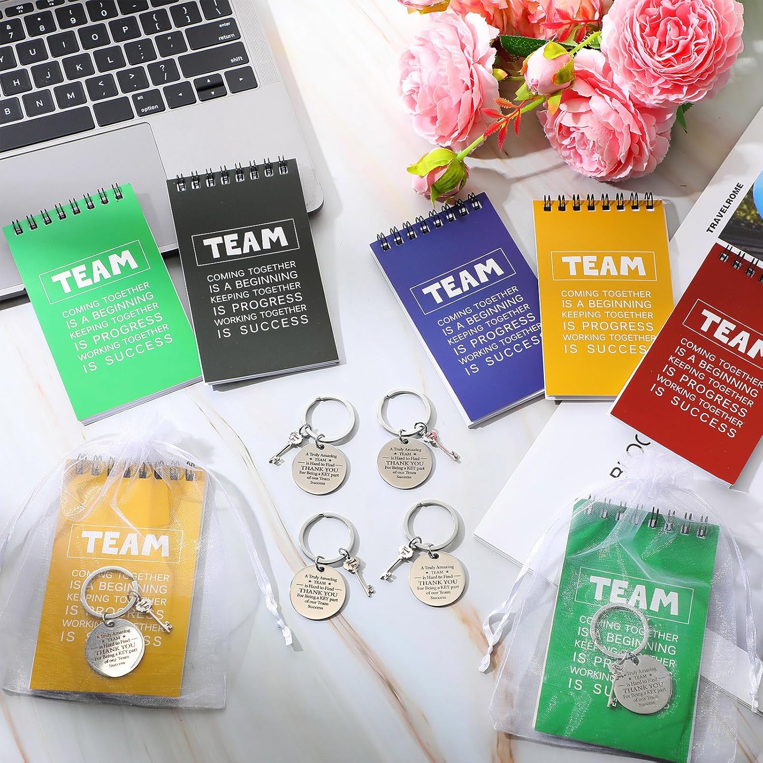 Roowest 75 Pcs Employee Appreciation Thank You Gifts Bulk Motivational Notebooks Team Inspirational Keychains with Organza Bags Team Building Gift for Nurse Teacher Coworker