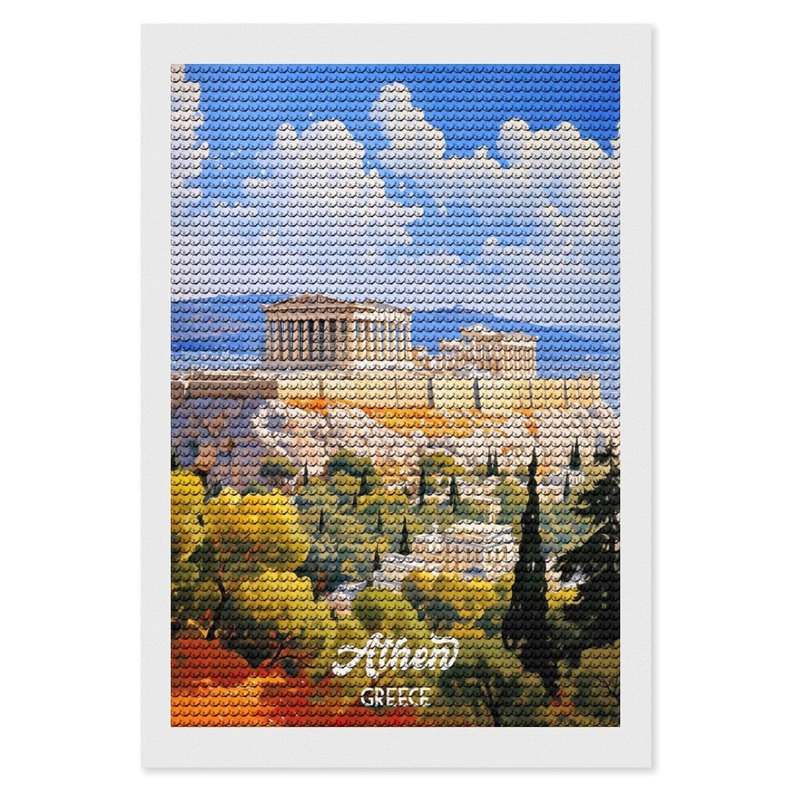 Junmoney Athens Greece Travel (2) Diamond Painting Canvas Set 8"x12", for Women, Mindful Craft Activity, Cosy Home Accent, Festive Craft Gift