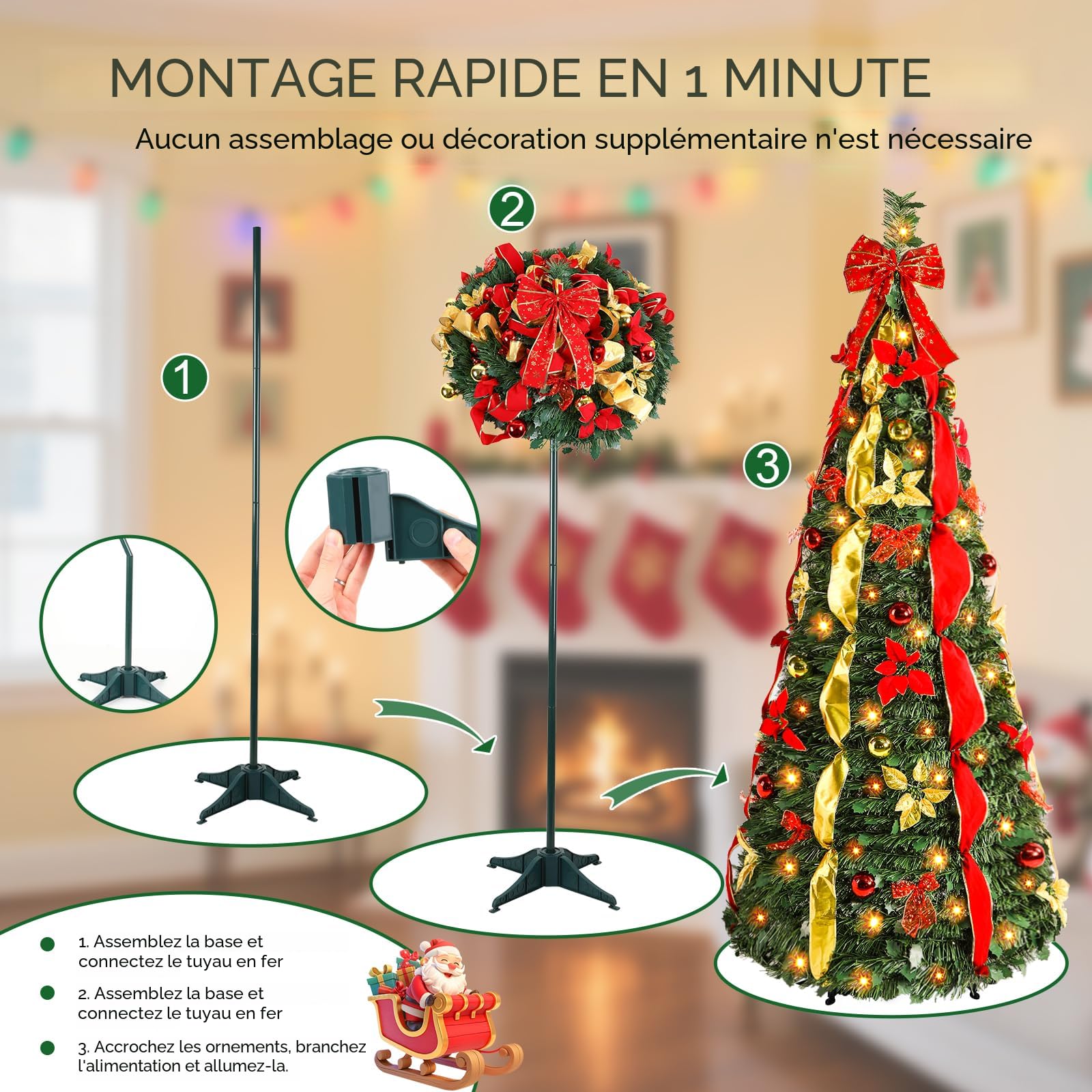 Sapin De Noël Pliable Et Lumineux De 1,80 M, 1 Minute, Entièrement Décoré, Facile à Installer (Rouge, 1,80 M