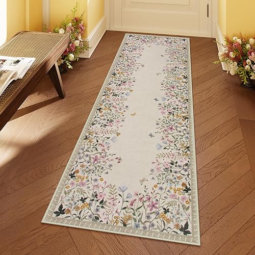 Miniatura 10 de Lahome Alfombra de cocina con estampado floral bohemio de 2 x 3 pies, color verde, lavable a máquina, tapete pequeño de baño, tapete suave y