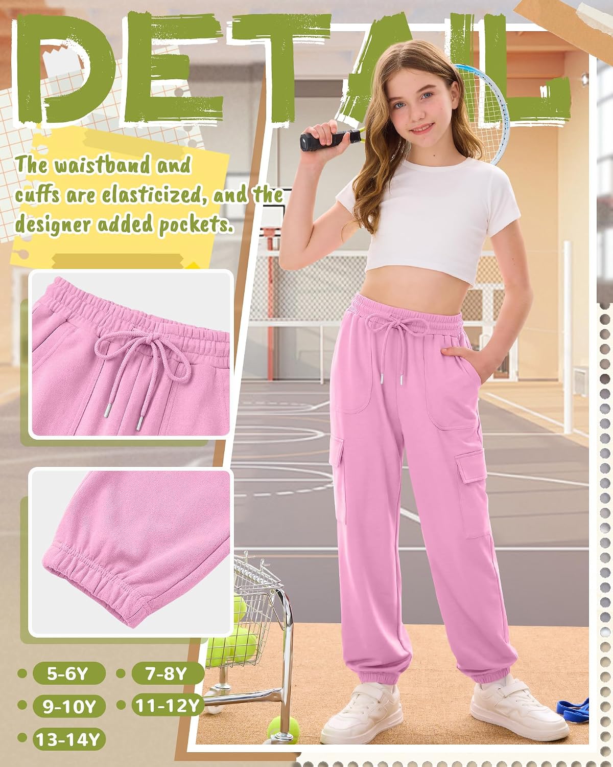 Girls' Cargo Pants Kids Drawstring Joggers Teens Athletic Casual Basic Sweatpants with 5 Pockets 5-14 Years
