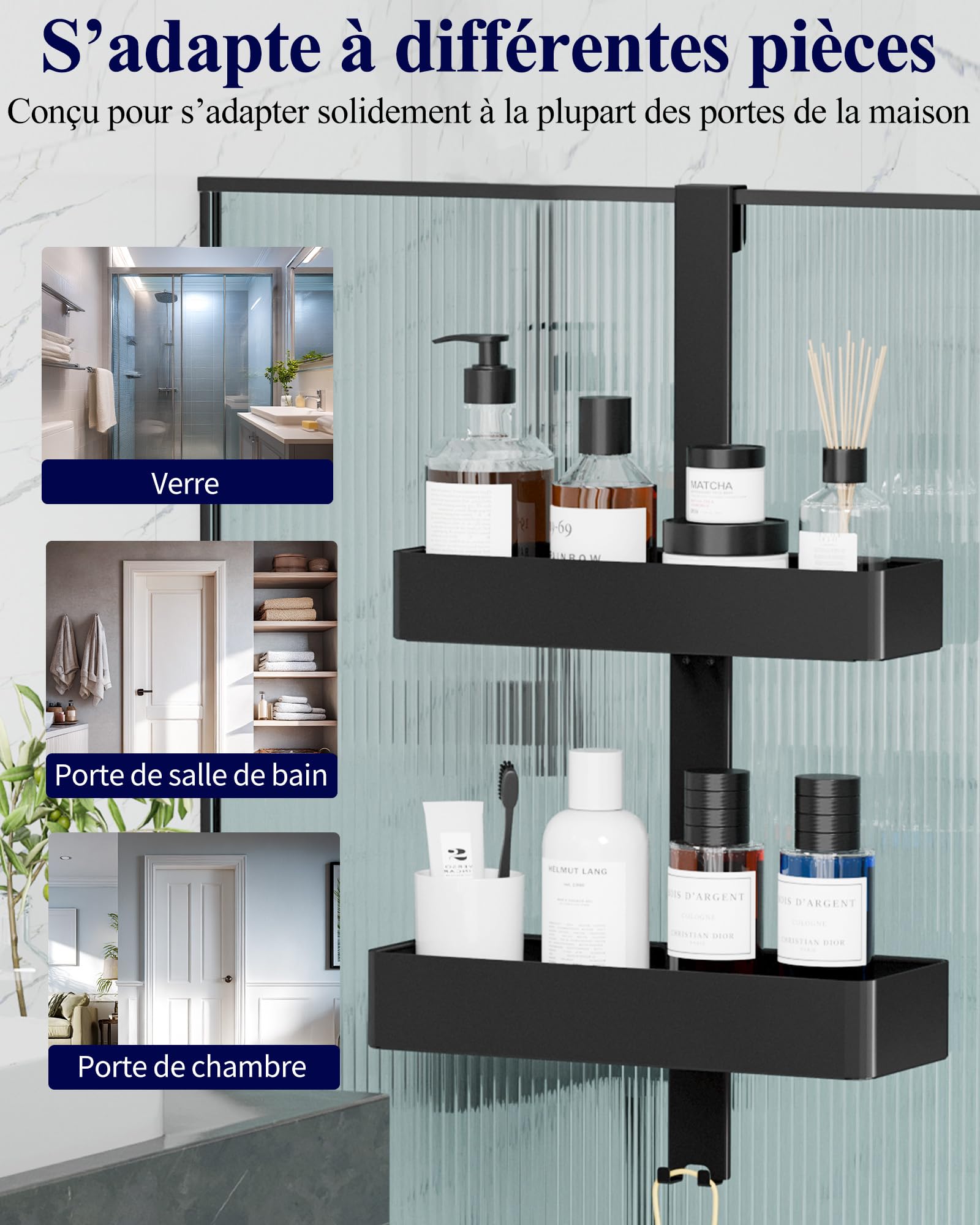 Kitsure Étagère Douche Suspendue 2 Niveaux sans Perçage Antirouille Rangement Salle de Bain Noir 29,1 x 11,2 x 55,3 cm