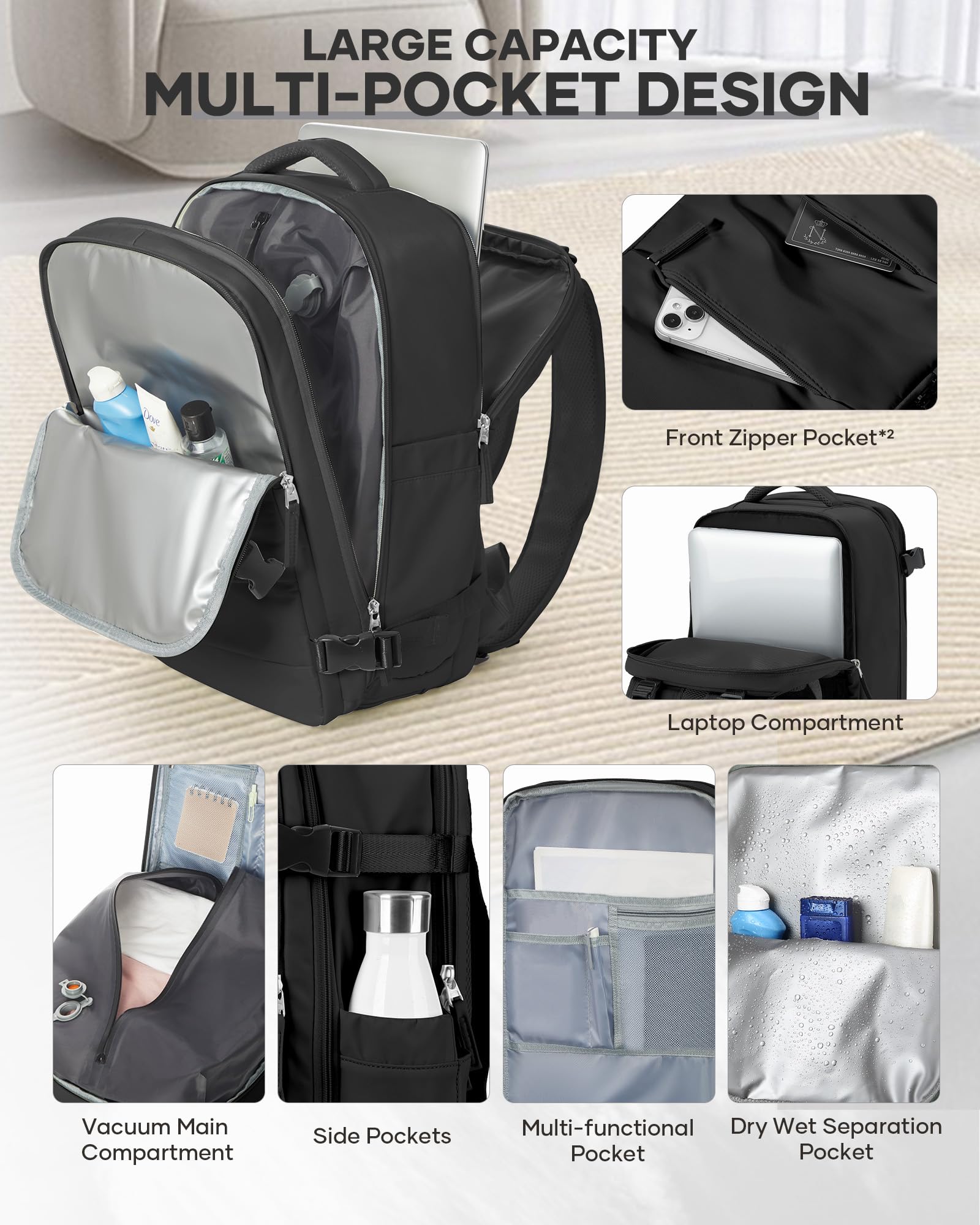 HPLQQ Mochila Viaje Cabina Avion para Easyjet Mochilas de Vacío con Bomba Bolsa de Cabina Equipaje de Mano para Mujer Mochila de Senderismo Mochila Impermeable Cabina Mochila,E01-Negro