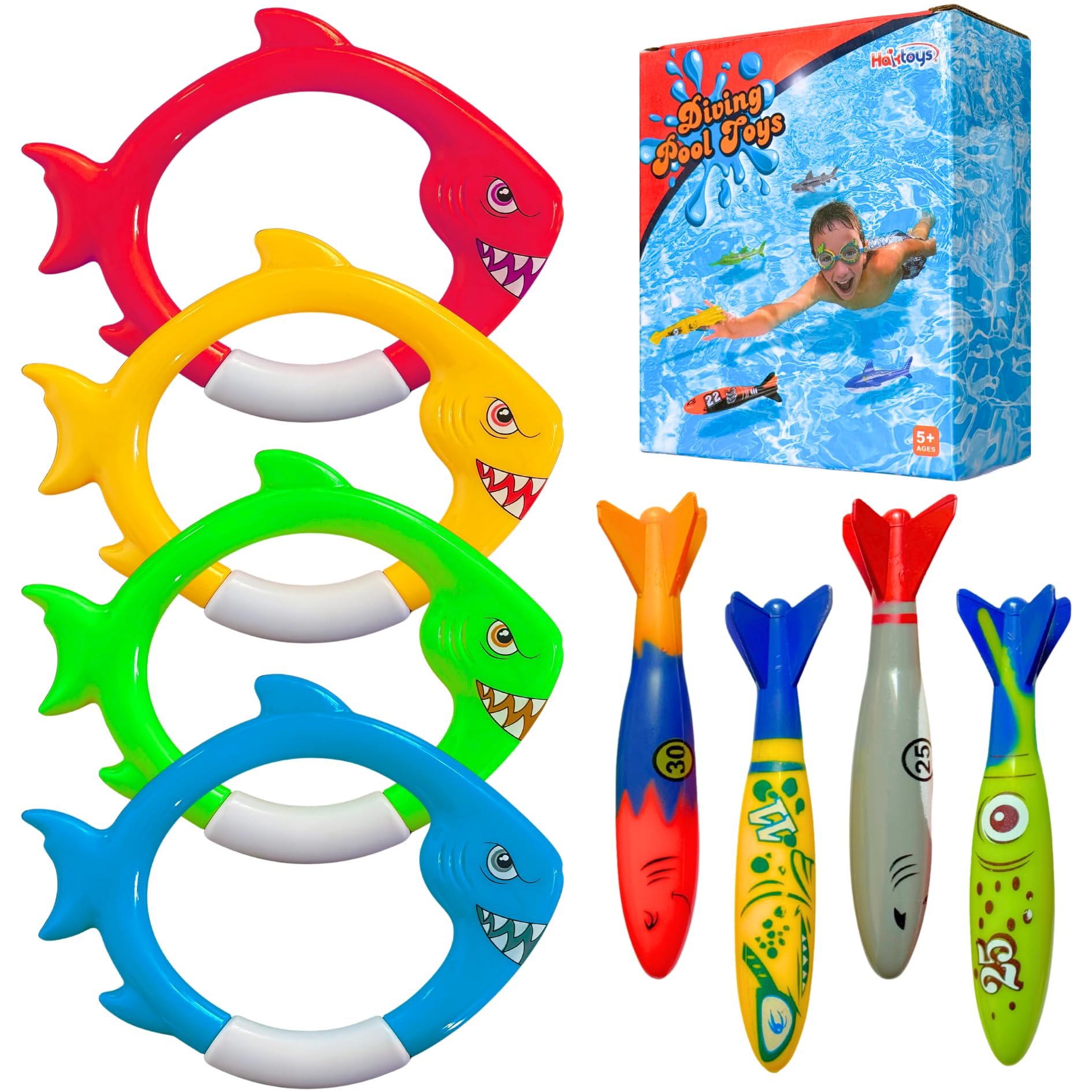 Haktoys - Anelli da immersione a forma di squalo e giocattoli per immersioni in piscina, 8 pezzi di torpedi e anelli di pesce per bambini e allenamento di nuoto, giochi da piscina per bambini e
