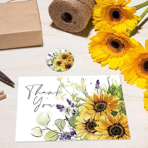 Miniatura 5 de Whaline Paquete de 24 tarjetas de agradecimiento de girasol, tarjetas de felicitación florales de acuarela a granel con adhesivo sobre tarjetas