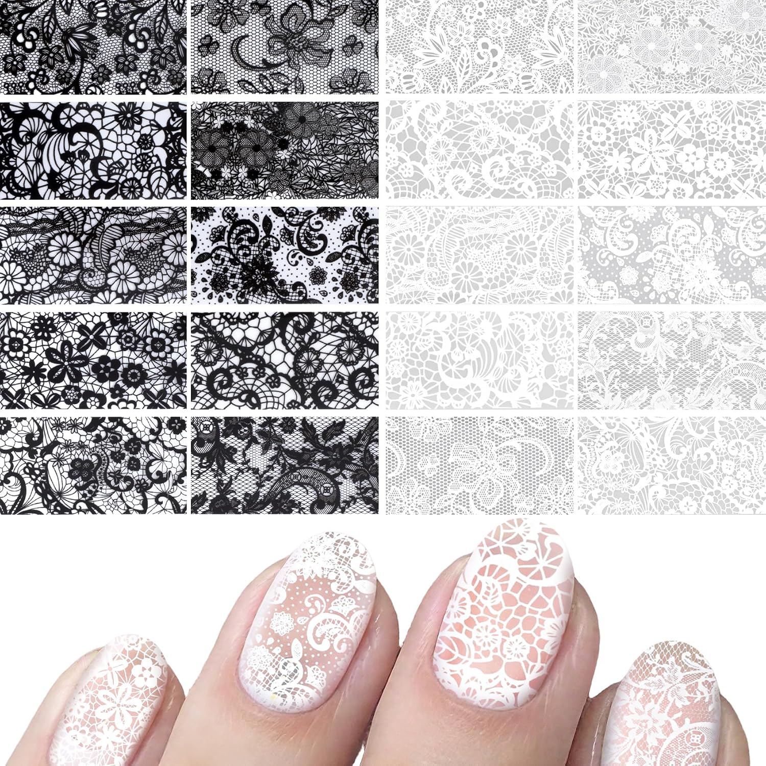 20 Sheets Lace Nail Foil, Lace Foil for Nails, Laces Nail Stickers, Transfer Nail Art for DIY Nails Women (Black+White)