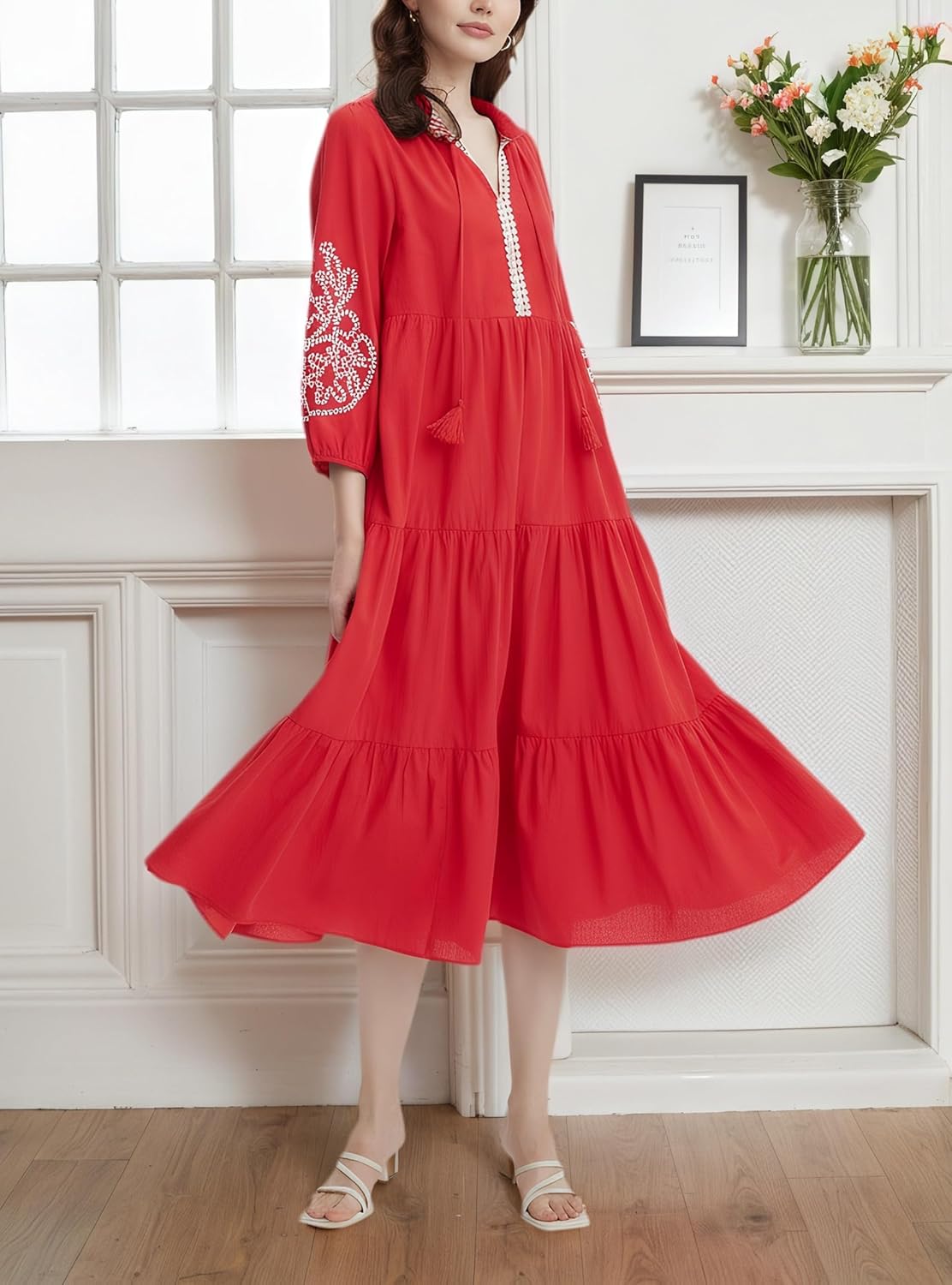 Ladyful Womens Summer Tiered Maxi Cotton Dress Tassel Embroidered 3/4 Sleeve V Neck Flowy Fall Vacation Beach Dress - Image 4