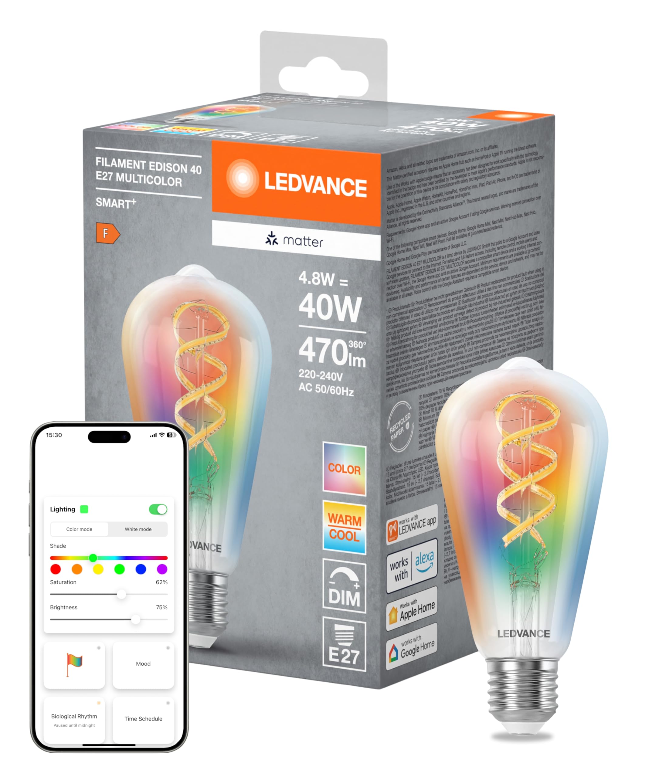 LEDVANCE Smart+ Matter LED lamp, Compatible with Google, Alexa, Apple, White Glass, 4.8W, 470lm, E27 Base, Color Light & White Light, app or Voice Control, Life of up to 15,000 Hours