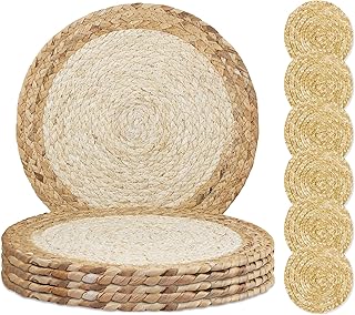 MI CASA Round Placemats and Coasters Set of 6, 30cm Natural Handmade Woo...