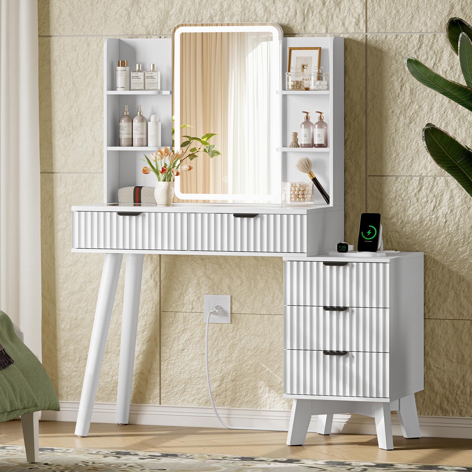 Xixini Fluted Vanity Desk with LED Lights Mirror &amp; Charging Station, White