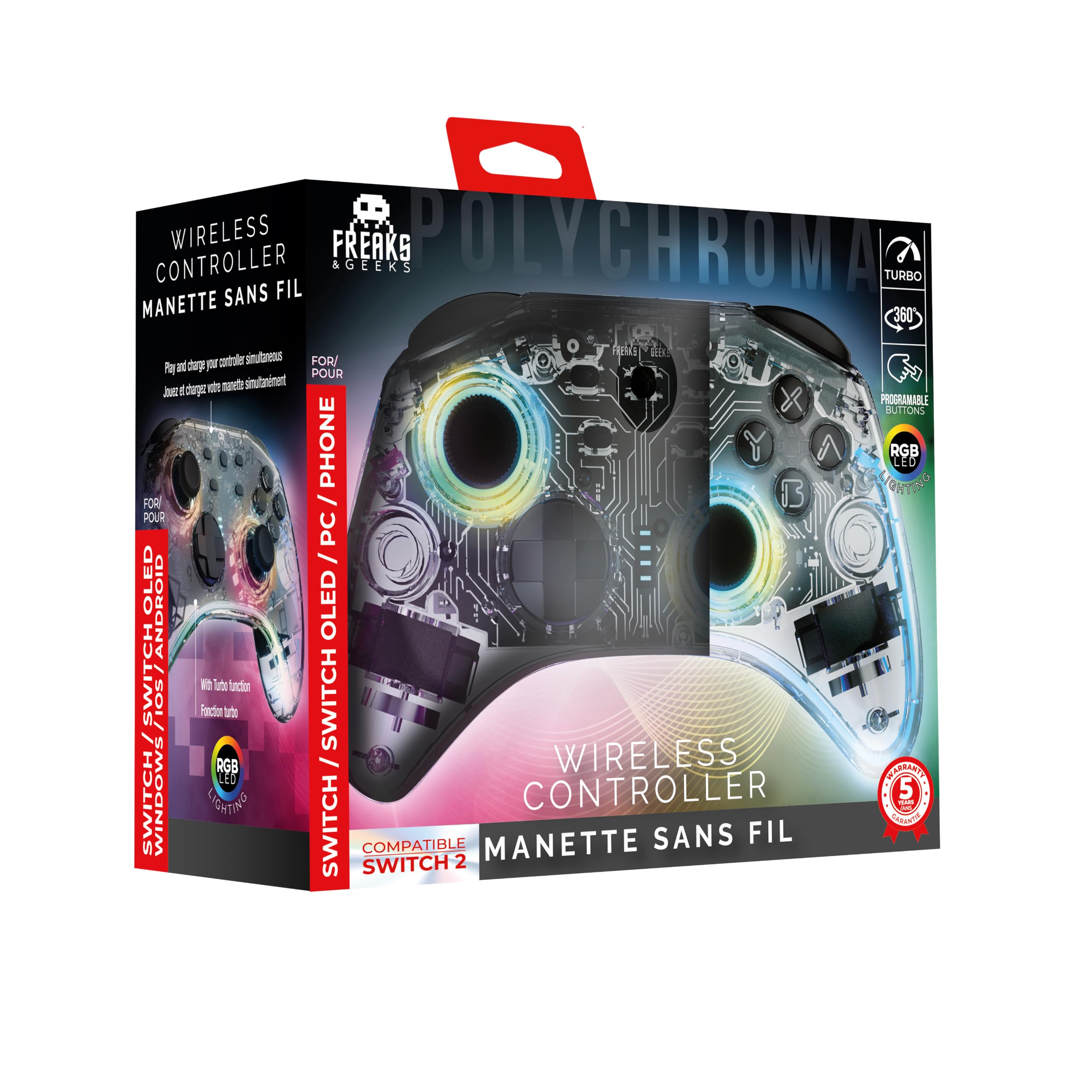 Freaks and Geeks Manette Switch/PC Sans Fil Polychroma à LED transparente