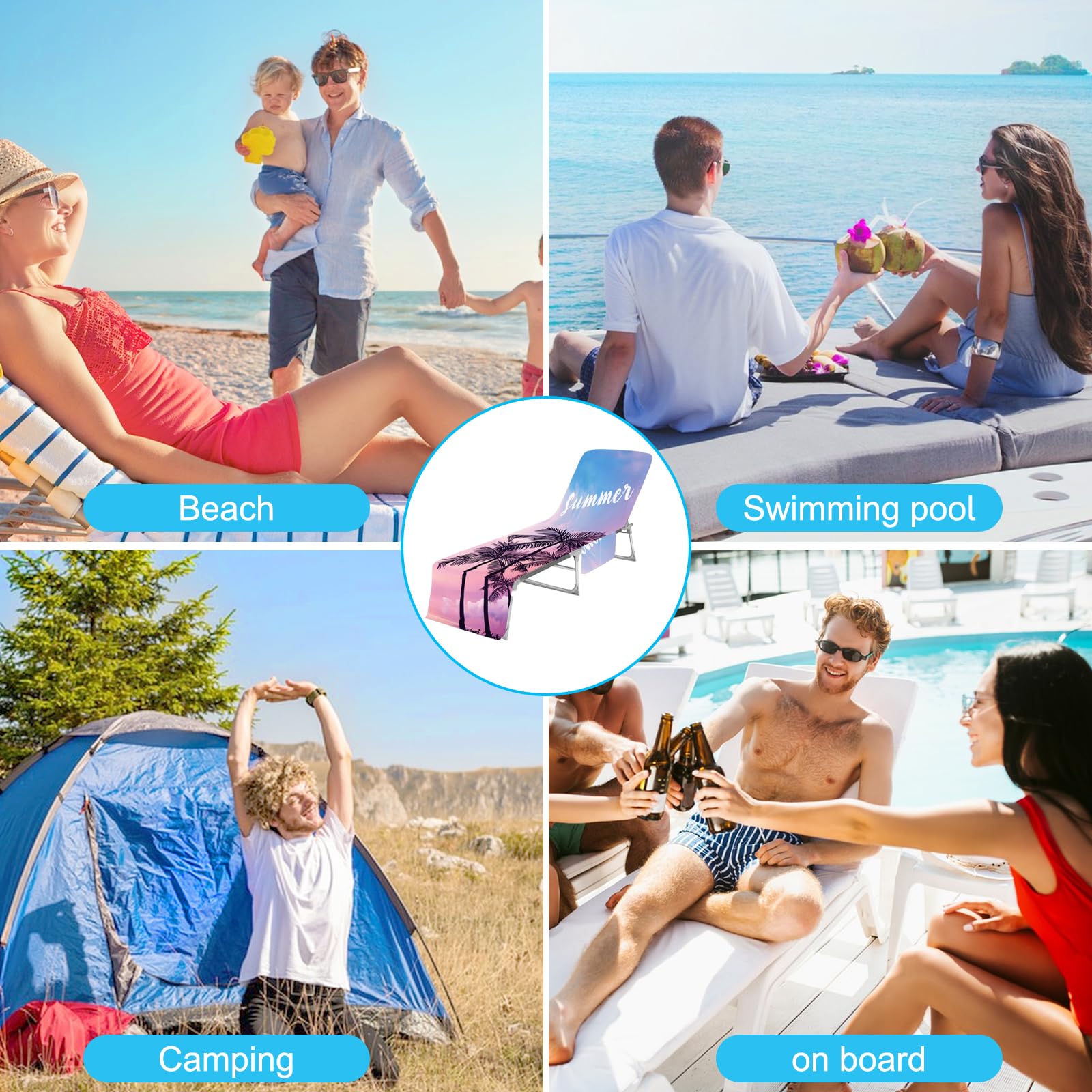 Cyiecw Funda para Tumbona de Felpa, Doble Cara Microfibra de Secado Rápido, 2 Bolsillos Laterales Toalla de Playa para Tumbonas Piscinas Playas y Jardines, 75x210cm (Summer)