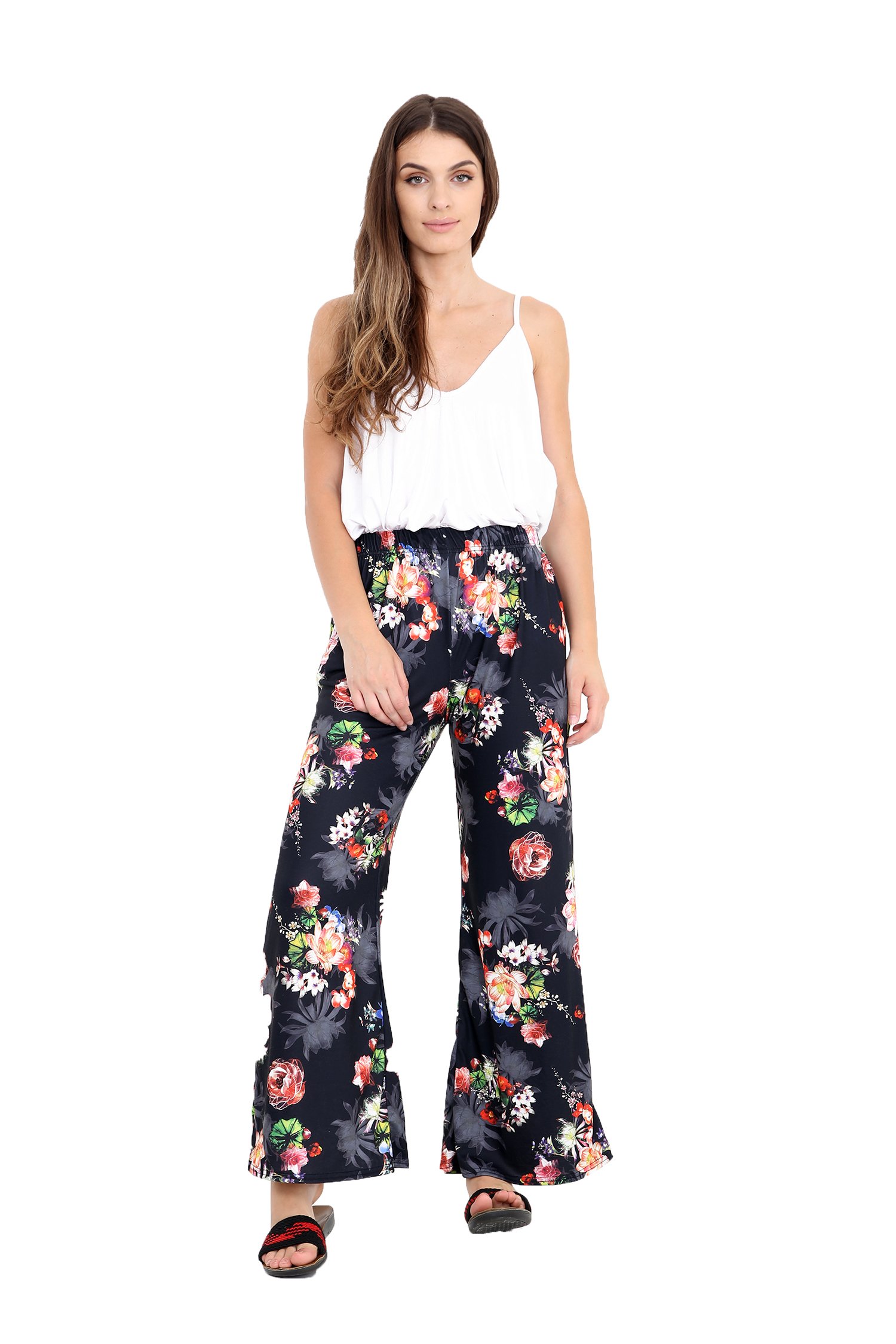 Elum ® Women Plain Flared Palazzo Trousers (3XL = 24-26, Black Floral)