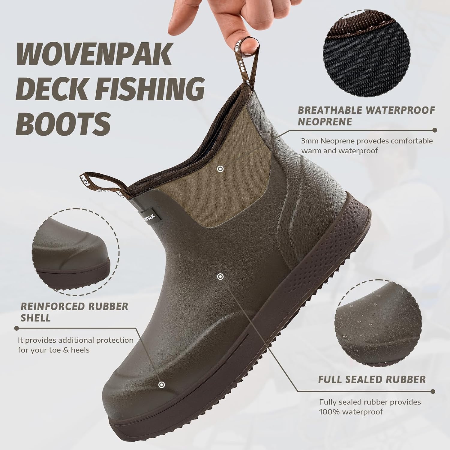 WOVENPAK Deck Boots for Men, Rain Boots Men, Waterproof Fishing Boots, Mens Deck Boots, Anti-slip Rubber Work Ankle Rain Boots Shoes for Outdoor Fishing, Boating, Size 6-13