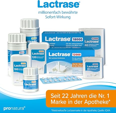 Pro Natura Lactrase 18000 – 40 Lactase Tablets for Lactose Intolerance for Carefree Enjoyment of Milk and Dairy Products