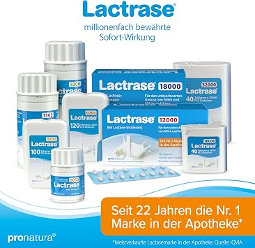 Pro Natura Lactrase 18000 – 40 Lactase Tablets for Lactose Intolerance for Carefree Enjoyment of Milk and Dairy Products
