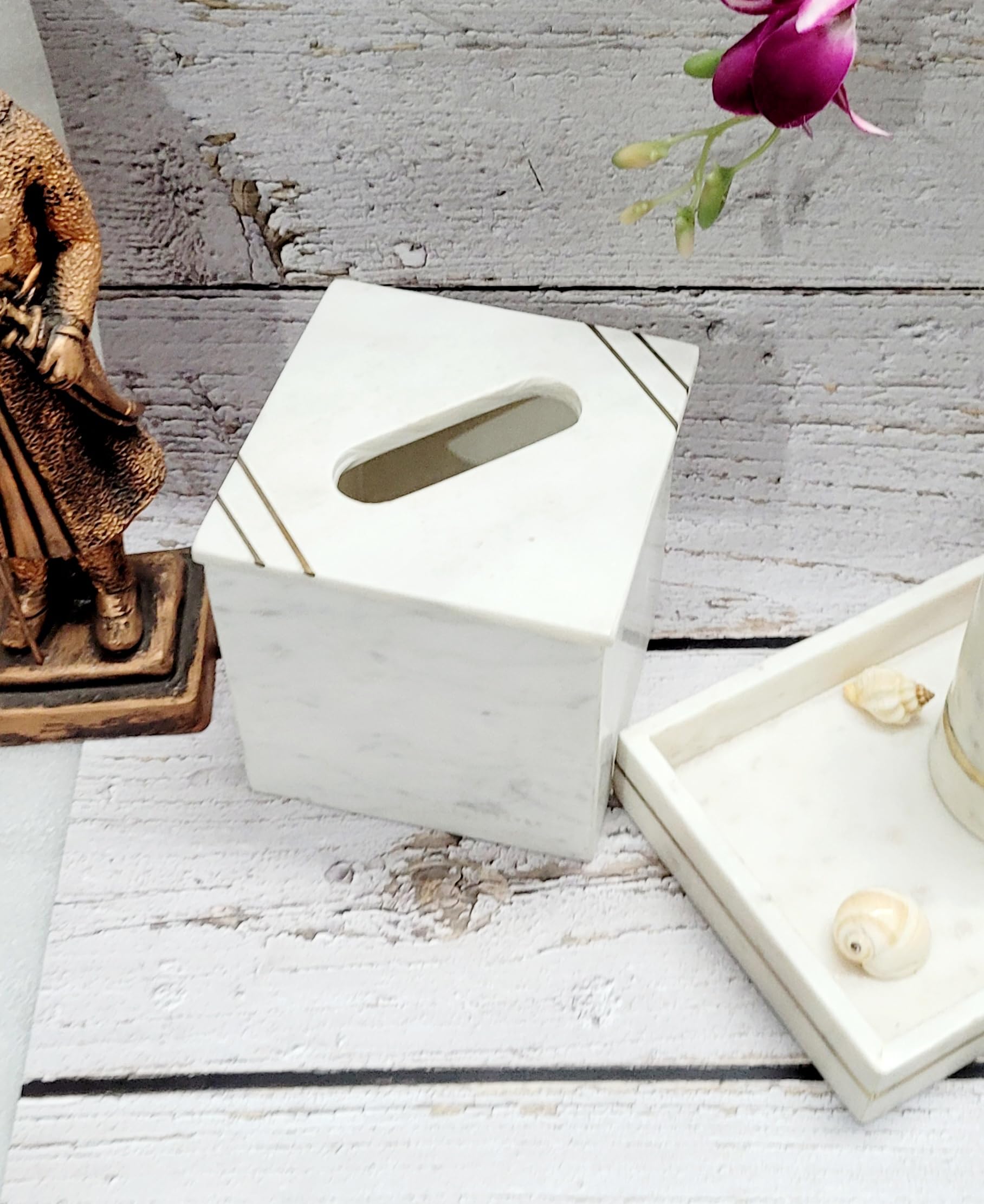 RM White Marble Tissue Paper Box with Brass Inlay – Handcrafted Stone Napkin Holder with Removable Lid – Decorative Tissue Organizer for Dining Table, Living Room, Bathroom, Office, Car & Hotel Use-image-49