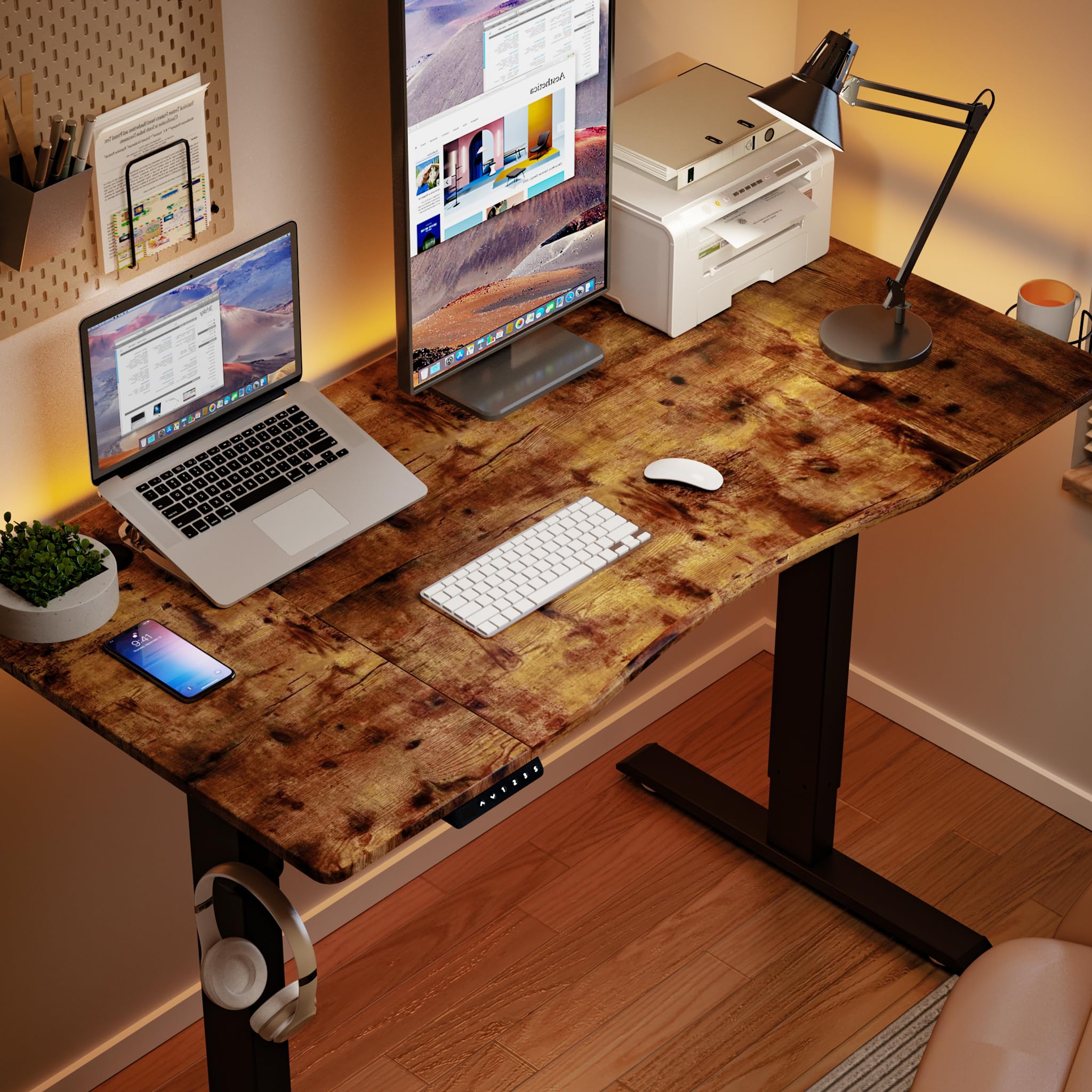 Mondeer Scrivania regolabile in altezza 120 x 60 cm, scrivania elettrica ergonomica con funzione memoria a 3 altezze, tavolo vintage marrone e telaio nero