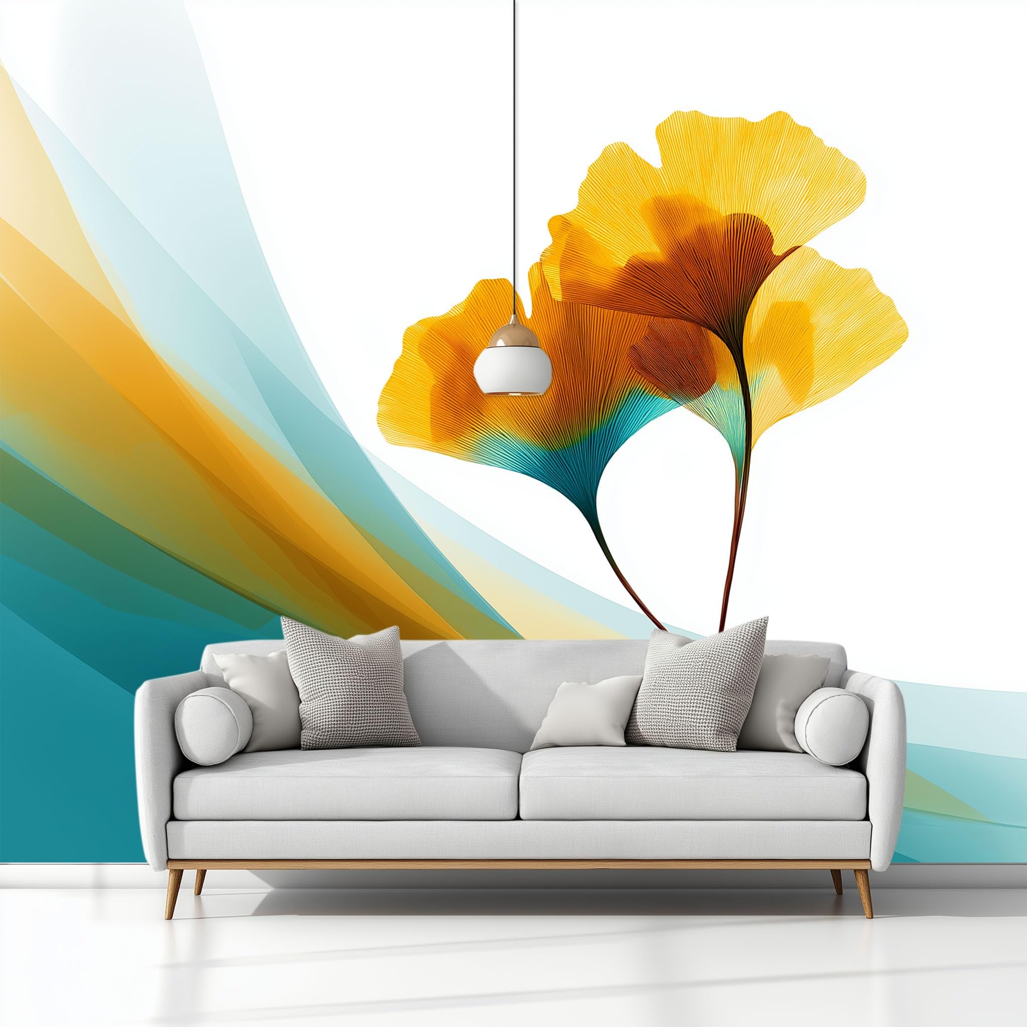 Carta da parati Fotomurale in una Versione su Misura 250 x 175 cm (L x A), Astratto Minimalismo Foglia Di Ginkgo Carta da Parati Murale (Blu-Verde) – per Soggiorno TV Hotel e Corridoio a Tema