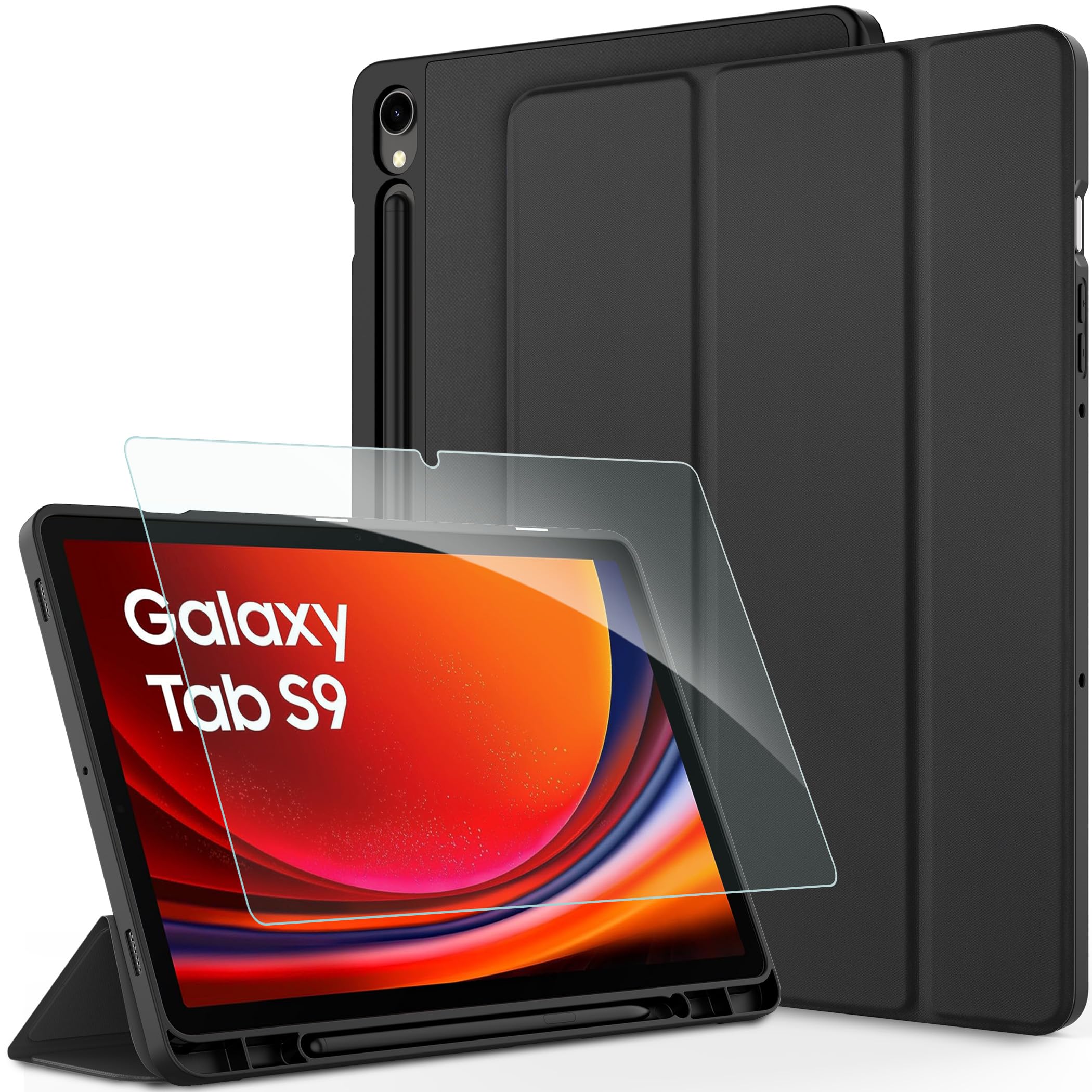 Custodia Cover Compatibile con Samsung Galaxy Tab S9 FE/S9 2023 11 Pollici con Cover Leggero Supporto in Pelle PU Case con Vetro Temperato,SM-X710 (Wi-Fi)/SM-X716B (5G Global)/SM-X718U,Nero