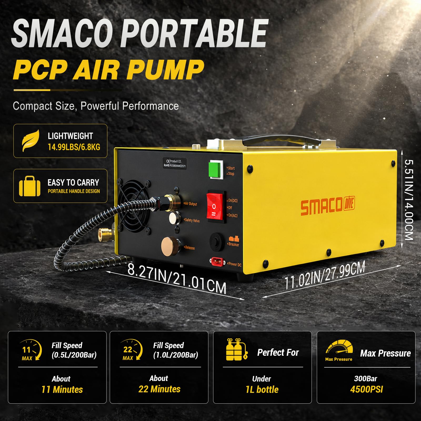 SMACO Compresor PCP 4500PSI Compresor de Aire de Alta Presión 300Bar Portátil para Botellas de Buceo Carabinas PCP y Paintball Parada Automática Doble Voltaje(12VDC/220VAC)Separador de Agua Integrado