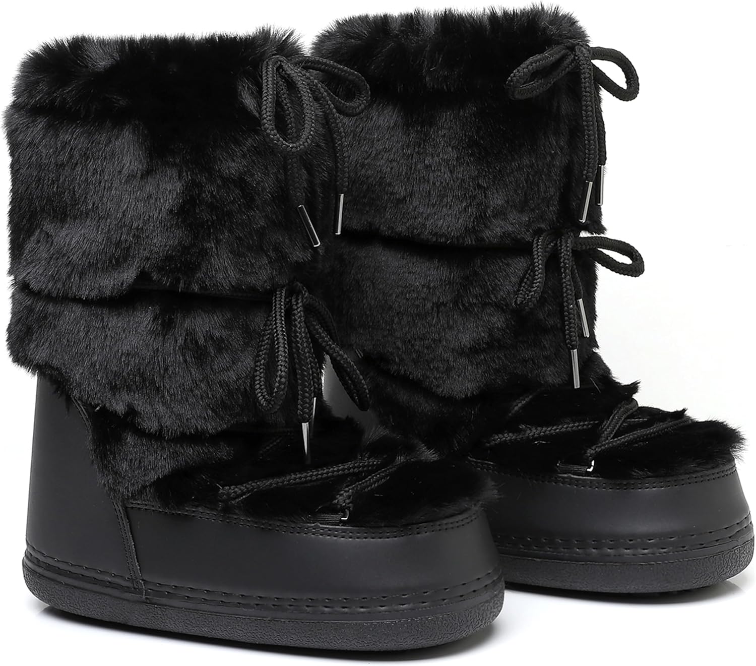 JIANCHIBUXIE Faux Fur Snow Boots for Women,Furry Fuzzy Fluffy Womens Boots Lace-up Winter Warm Fur Lined Mid-Calf Non-Slip Ski Boots