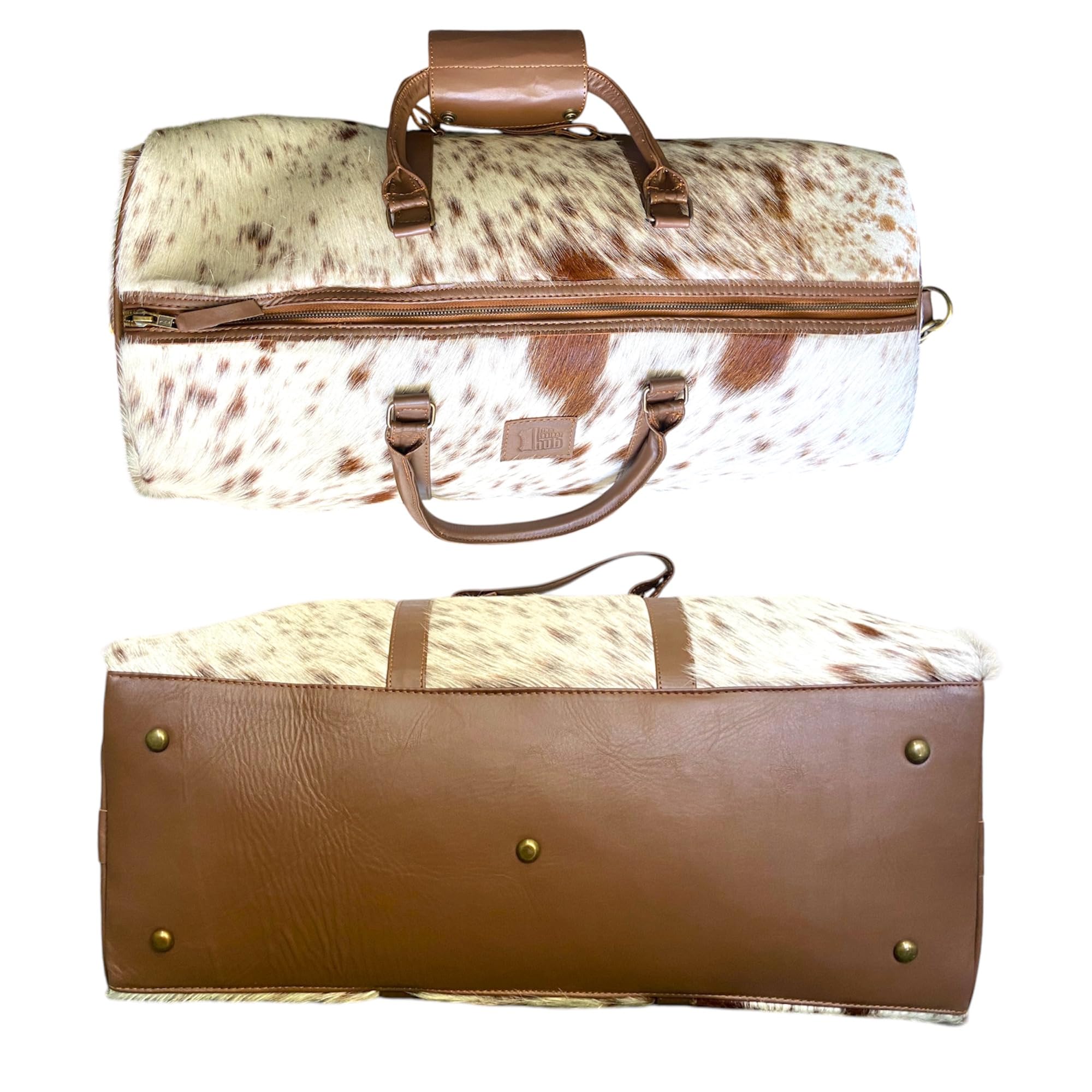 Bolsa de viaje unisex de piel de vacuno auténtica, bolsa de viaje para fin de semana, equipaje de noche de cuero vacuno marrón blanco con correa para el hombro, bolsa de viaje de mano, bolsa de viaje
