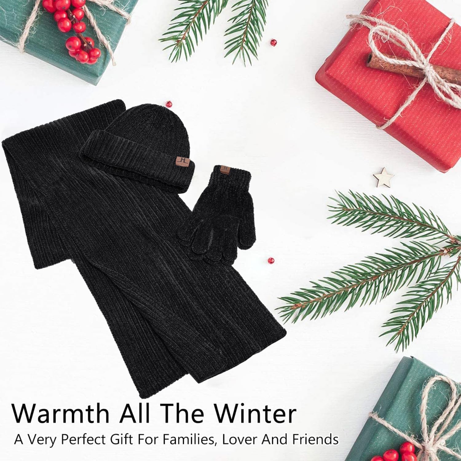 Womens Winter Knit Warm Hat Beanie Long Scarf Touch Screen Gloves Set Skull Caps Neck Scarves for Women - Image 7