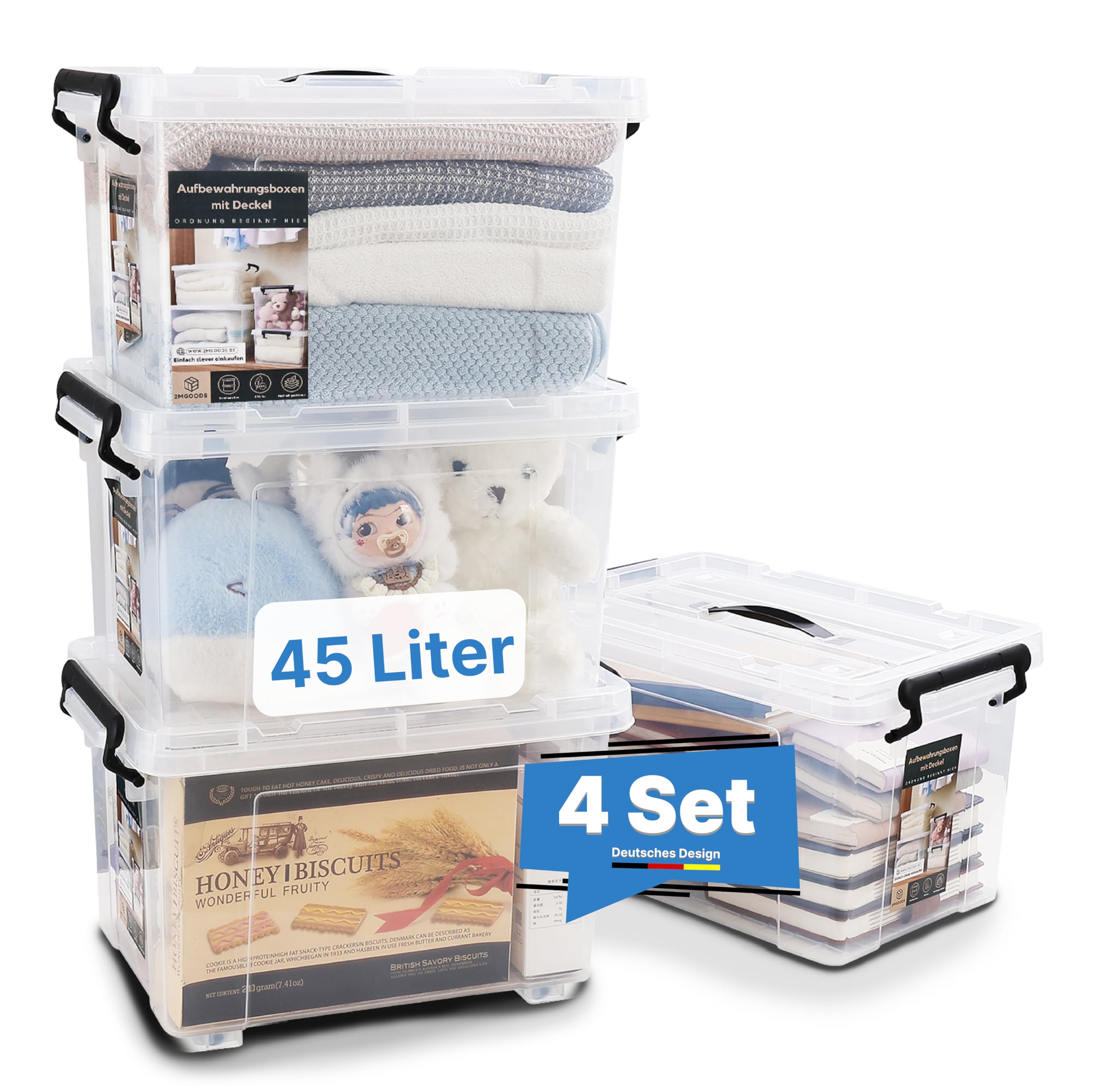 4er Set 45L robuste Aufbewahrungsboxen mit Deckel L53.5xB39xH32.5 cm inkl. Tragegriff, Plastikboxen, stapelbar, lebensmittelecht, transparente kleine Kisten für Wohnung, Werkstatt & Keller