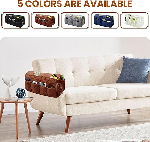 Miniatura 7 de MEHIDFY Organizador de sillón con control remoto para sofá, organizador de reposabrazos reclinable, fundas antideslizantes para sofá con 14 marrón