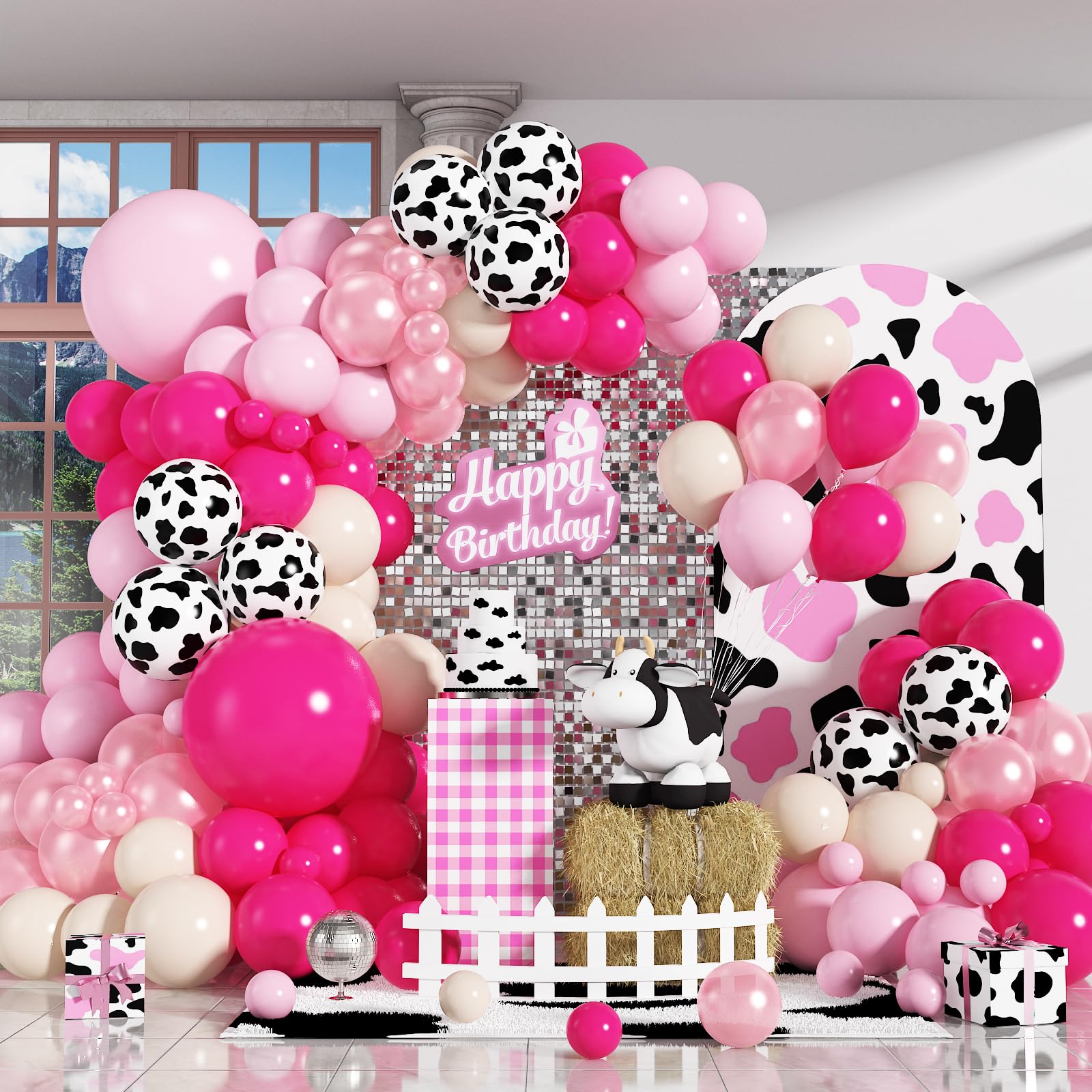 HILAVO Cowgirl Balloon Arch Kit Cow Print Balloons Hot Pink Light Pink Pearl Sand White Party Balloon Garland for Last Rodeo Bachelorette Decorations