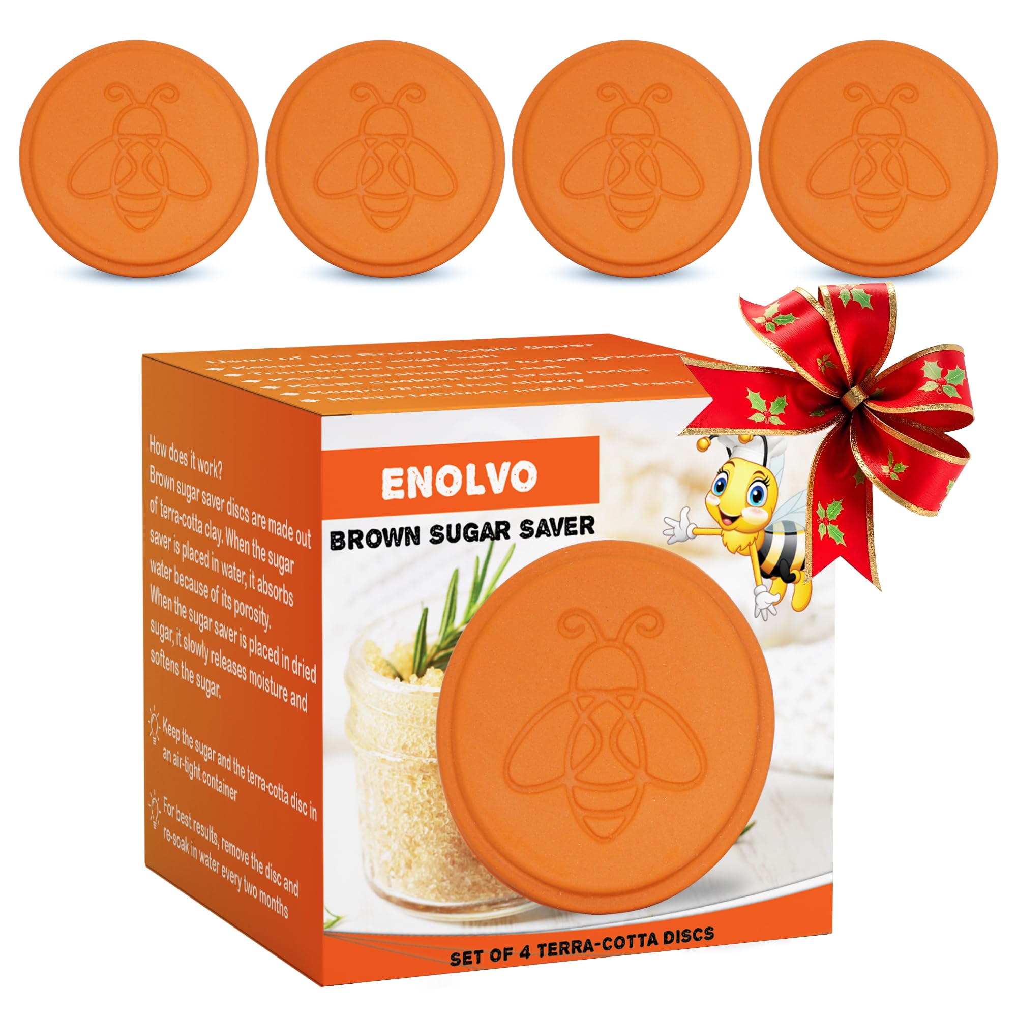 Enolvo Brown Sugar Keeper Bee - Terra Cotta Brown Sugar Saver, Disc to Maintain Food Moisture in Container, Softener Stone, Terracotta Bear Softener Alternative - 4Pack