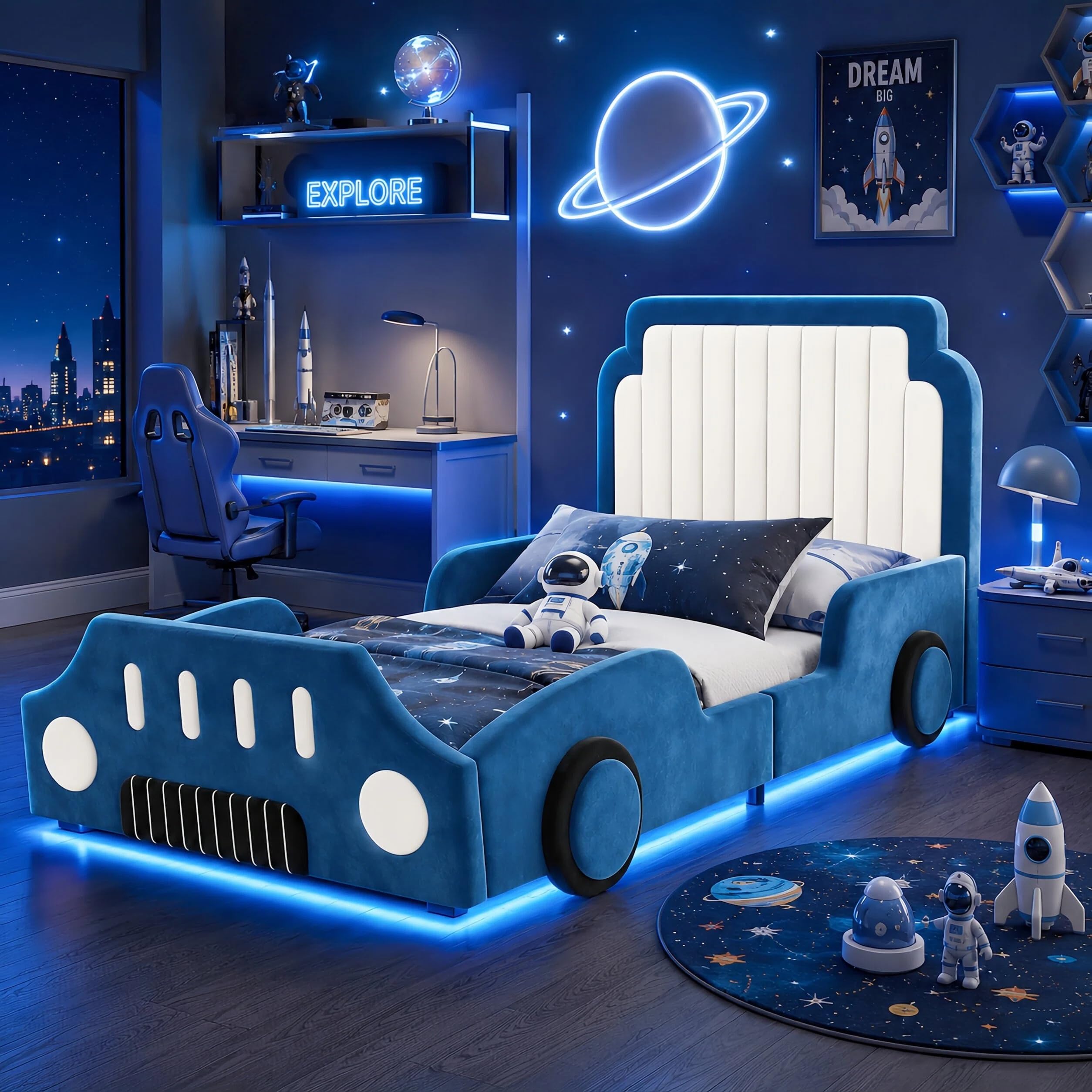 Polsterbett Einzelbett 90x200cm, Autoförmiges Design, Kinderbett mit LED und Schutzgeländer, Aufregendes Auto Kinderbett für kleine Rennfahrer, Kinder Spielbett mit Lattenrost, Samt (Blau-1, 90x200CM)