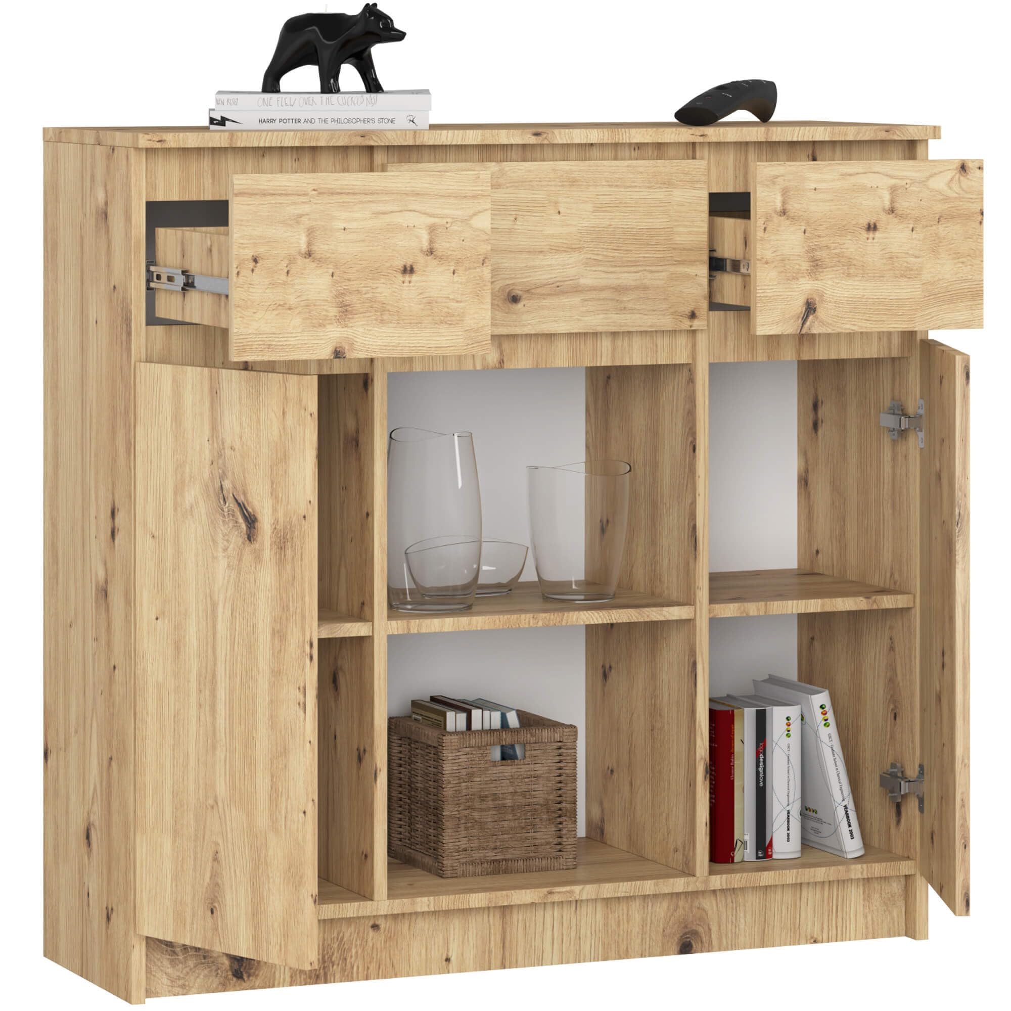 AKORD Kommode K100 mit 3 Schubladen, Schrank mit 2 Tür 6 Regalböden, Für das Wohnzimmer Schlafzimmer, Moderne, 16mm Laminierte Platte, B101xH98xT35 cm, Farbe Artisan-Eiche & Artisan-Eiche