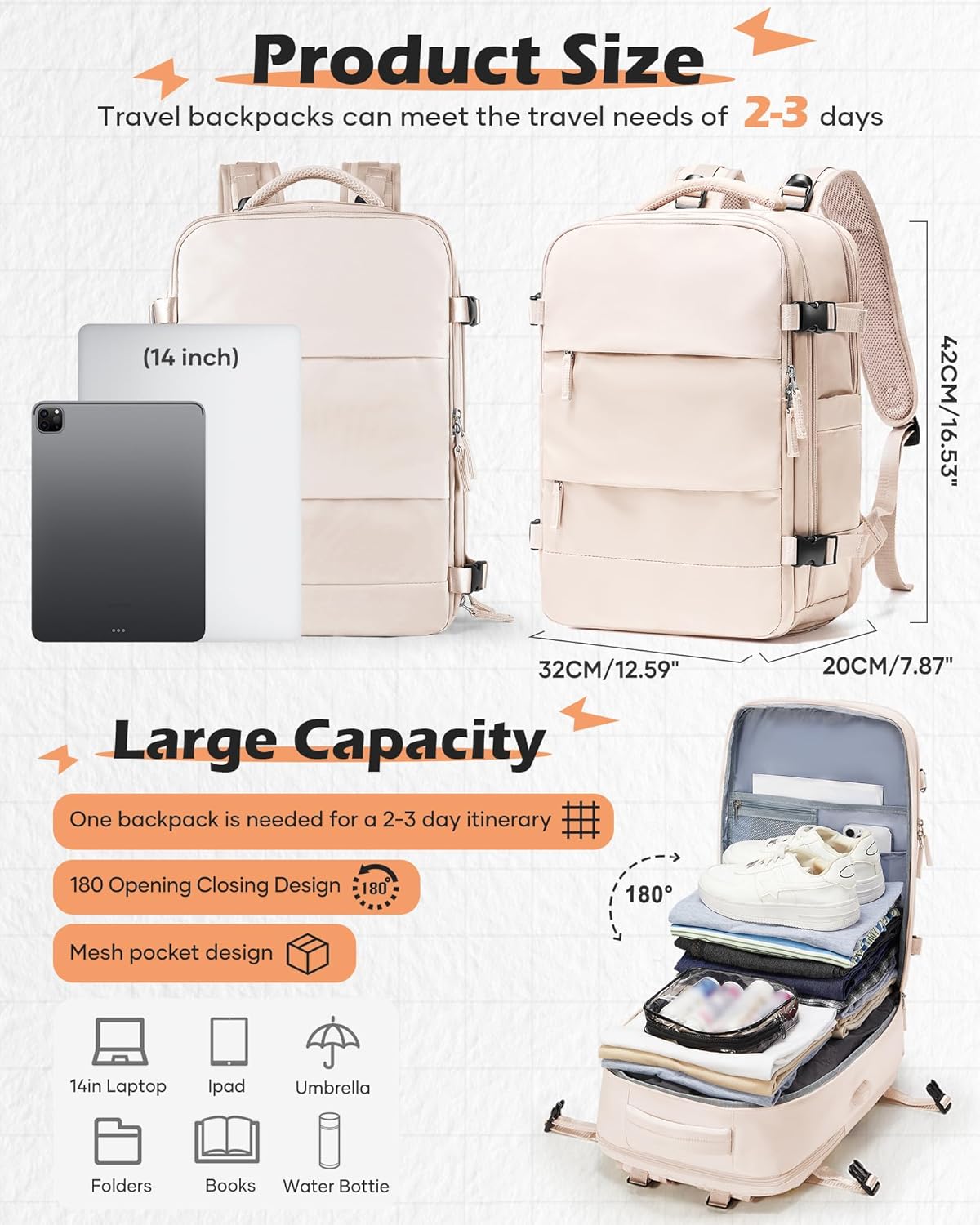 SEAFEW Large Travel Backpack with Vacuum Seal Compression, Vacuum Travel Flight Backpack with Electric Pump, Waterproof Work Backpack Compression bags Casual Daypack with USB Charging Port, Beige - Image 2