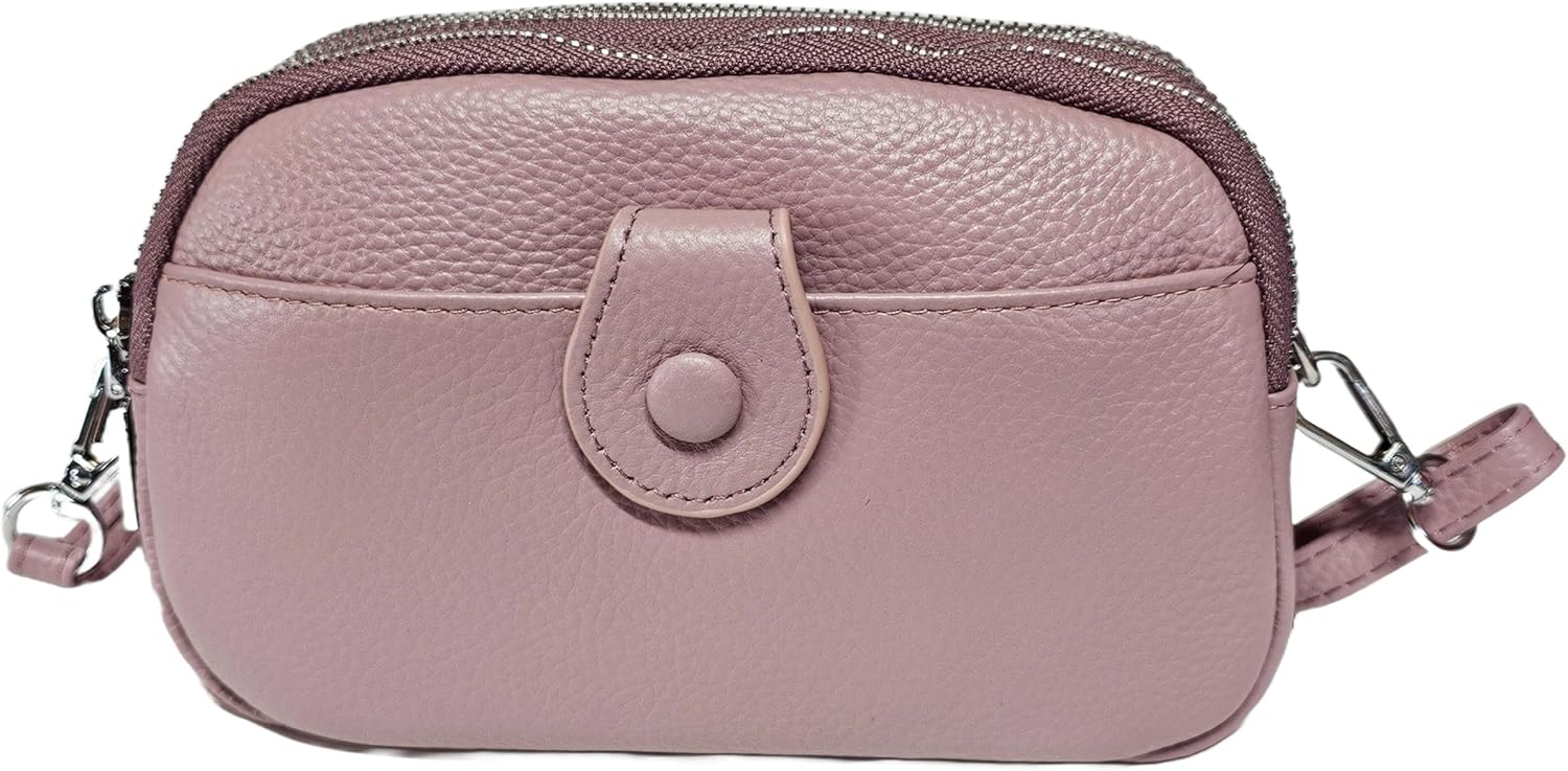 Women Small Genuine Real Leather Crossbody Shoulder Bag, 3 Zipped Compartments 1 Front Pocket