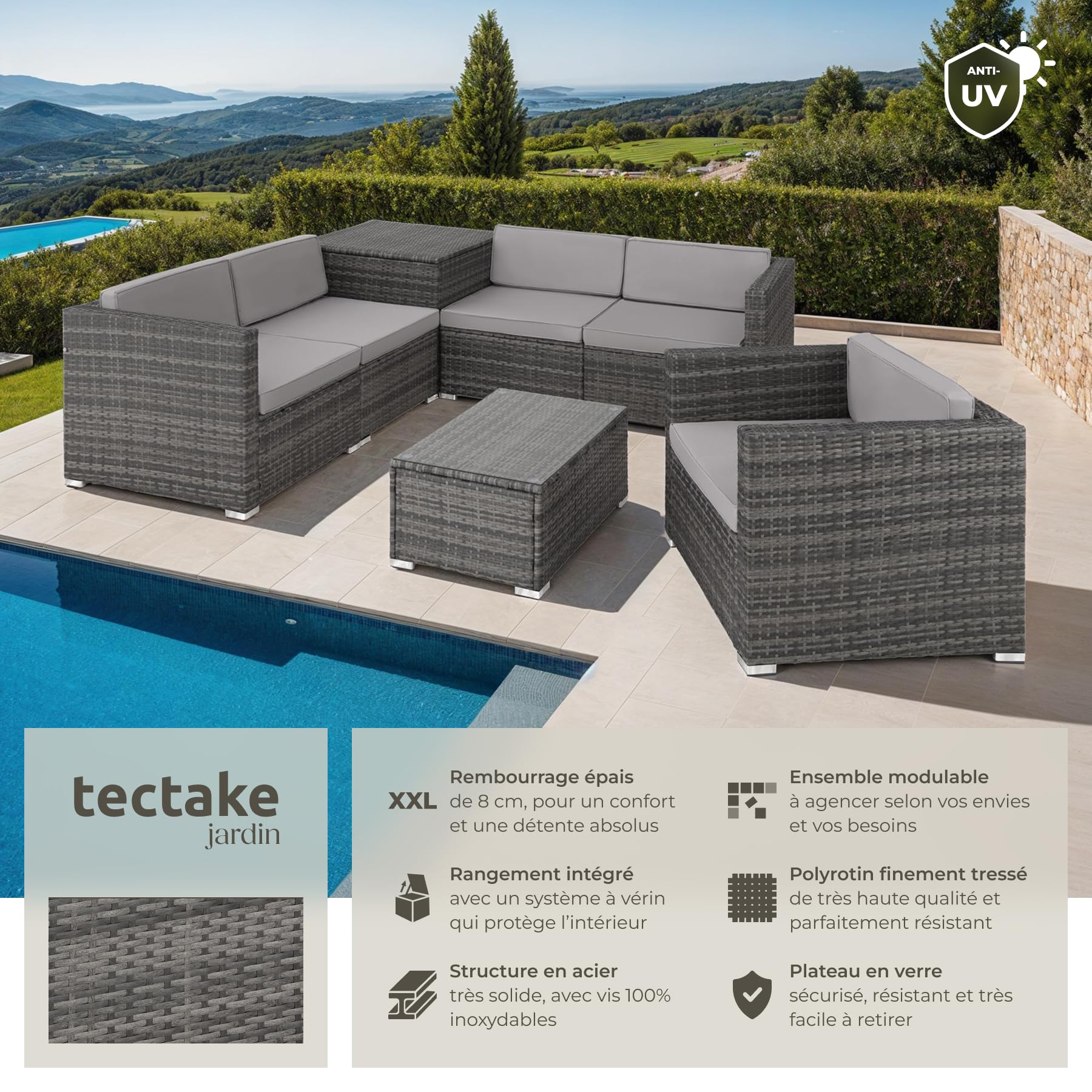TecTake® Salon de Jardin Exterieur 5 Places en Resine Tressee Modulable 5 Fauteuil Jardin Coffre de Rangement et Table en Verre Inclus pour Amenagement Balcon Terrasse - Gris