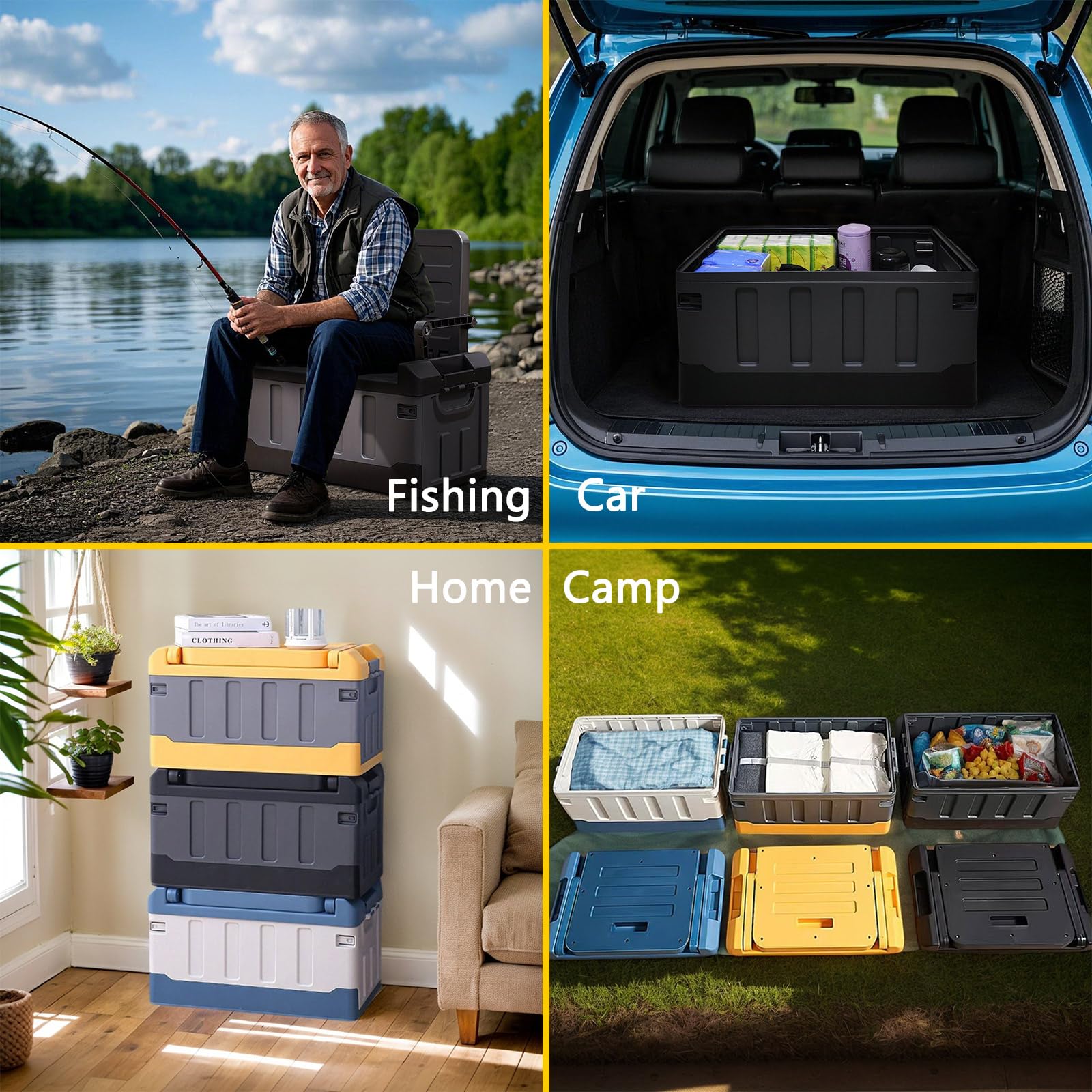 Versatile Foldable Seatable Camping Box Car Organizer Heavy Duty Storage Bins With Lids Box Trunk,Durable Plastic,60L Can Store Clothes, Toys Camping Equipment in Large Capacit (black)