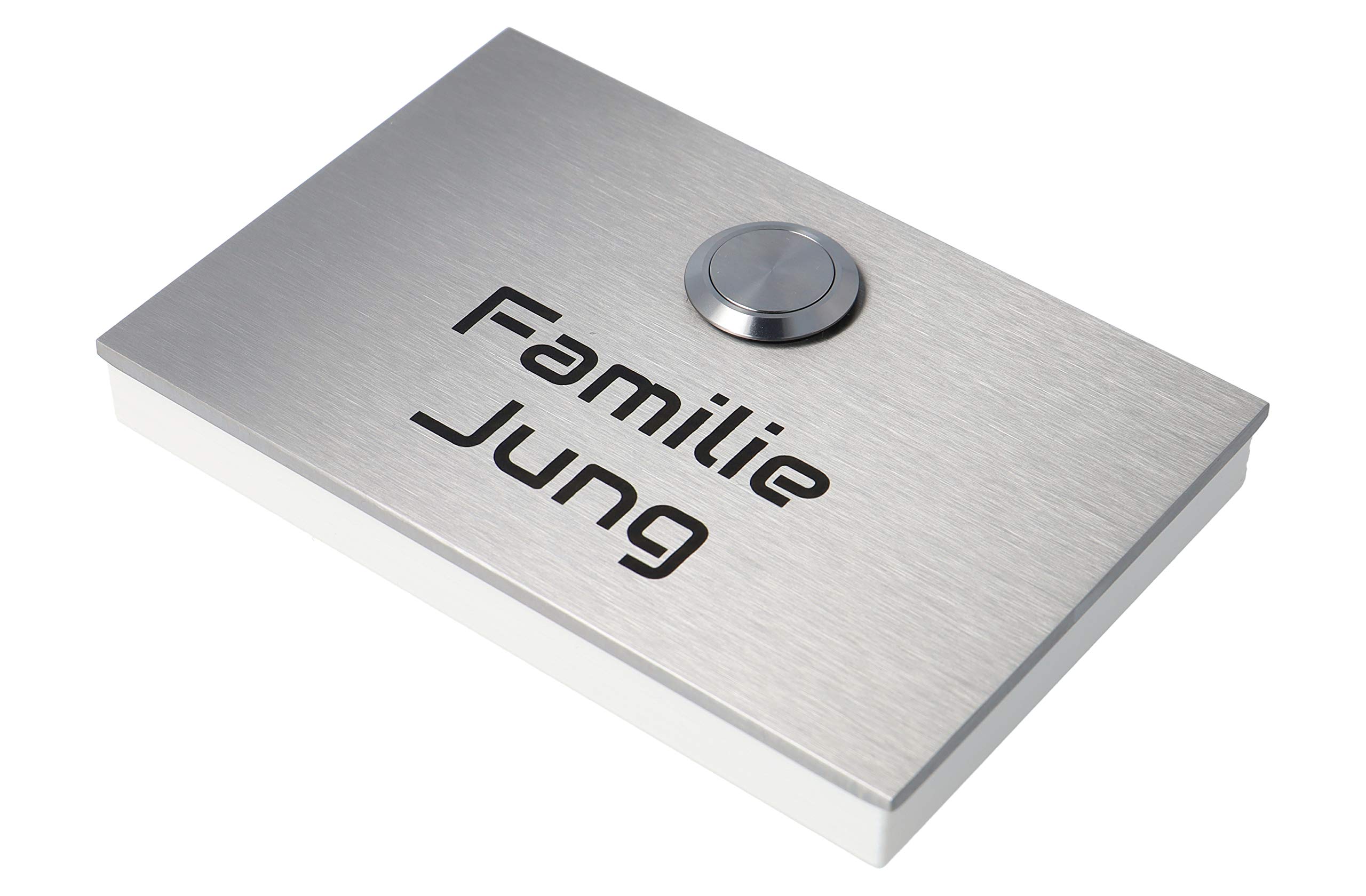 Jung Edelstahl Türklingel London1AG mit Gravur - V2A Edelstahl Aufputz Klingelschild - LED Klingeltaster - Klingelplatte 12x8 cm