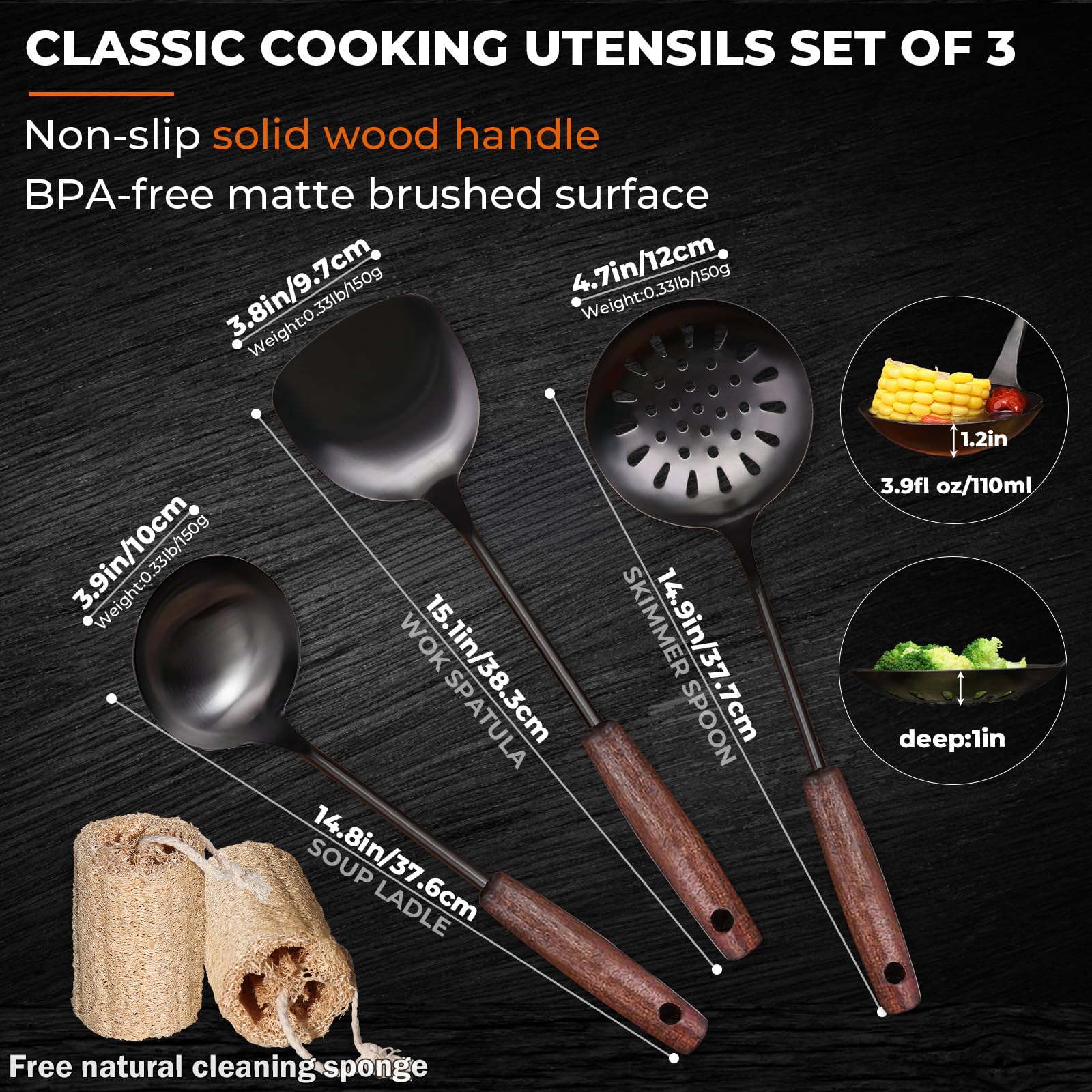 Wok Spatula and Ladle,Skimmer Ladle Tool Set,15 Inches 18/10 Stainless Steel Vintage Wok Utensils,Wok Spatula and Ladle Set with Solid Wooden Handle?Wok Accessories with Natural Cleaning Loofah Sponge