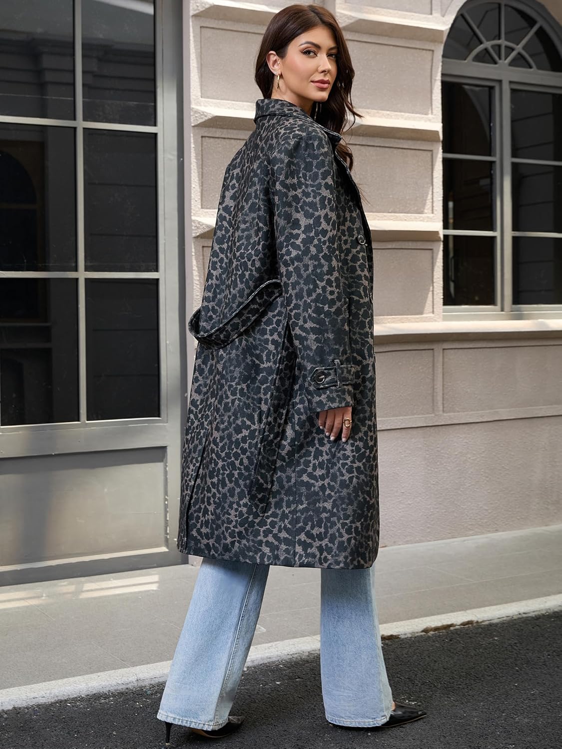 Women's Warm Long Winter Wool Blend Coats Double-Breasted Peacoat with Belt Outwear Trench Overcoat(Leopard, XL) - Image 3